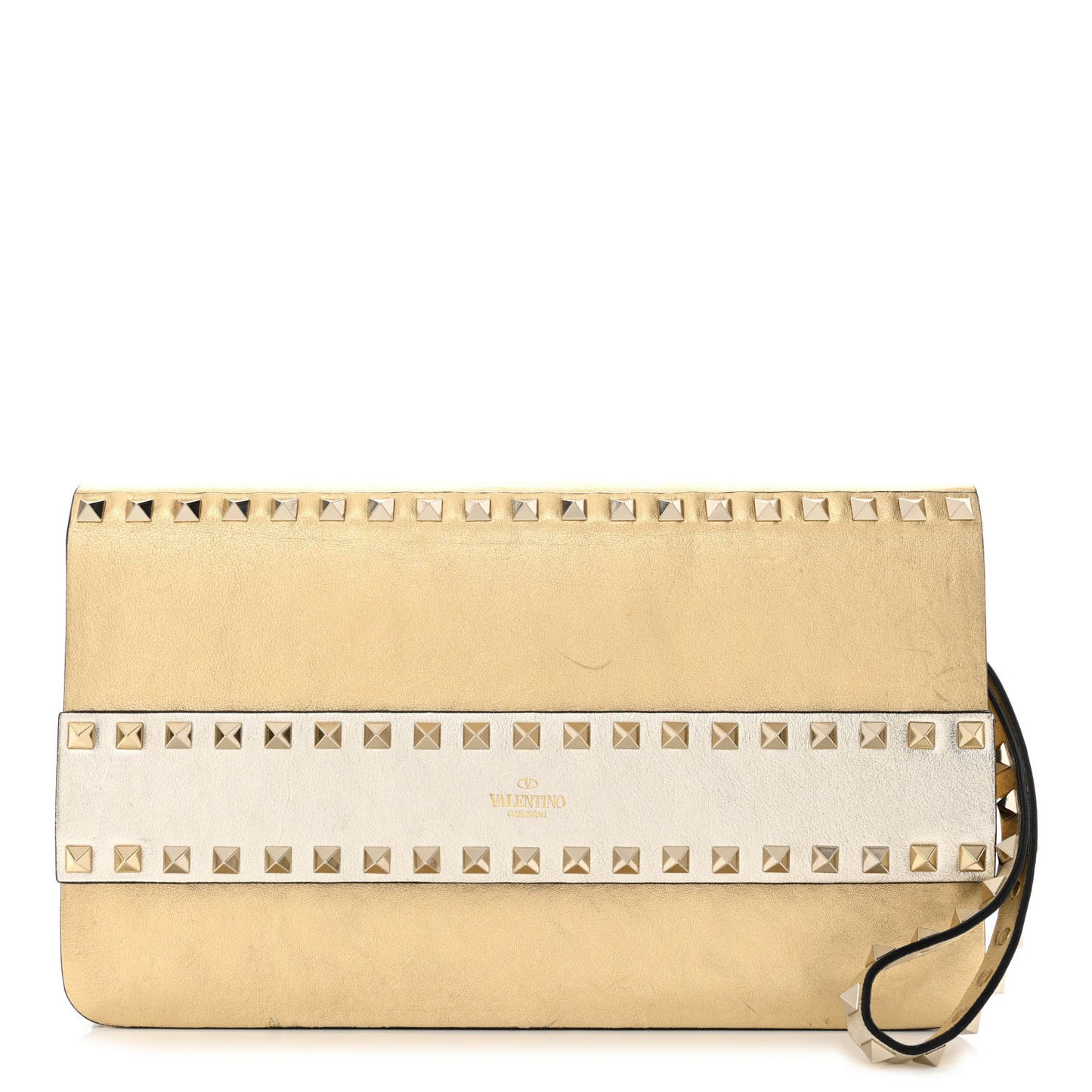 Metallic Calfskin Rockstud Side Slip Wristlet Clutch Gold