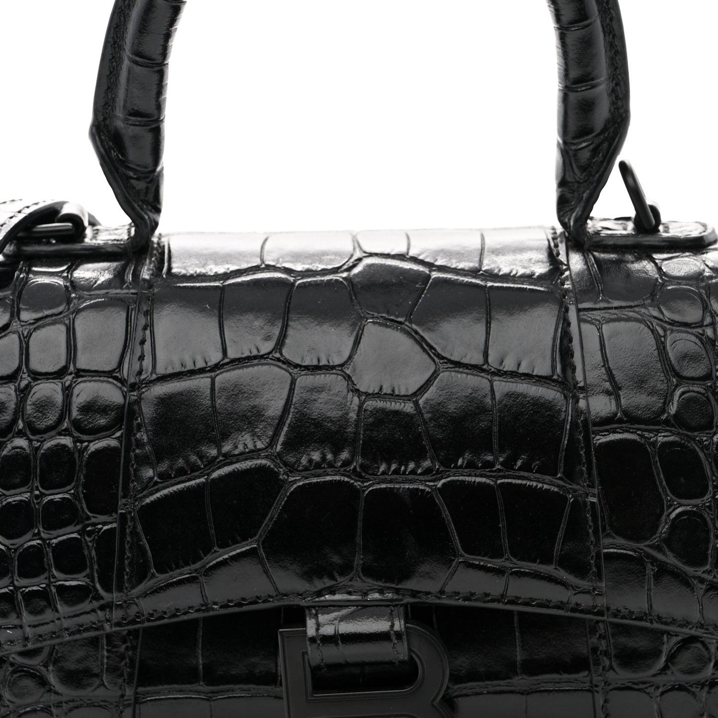 Shiny Calfskin Monochrome Crocodile Embossed Hourglass Top Handle Bag XS Black