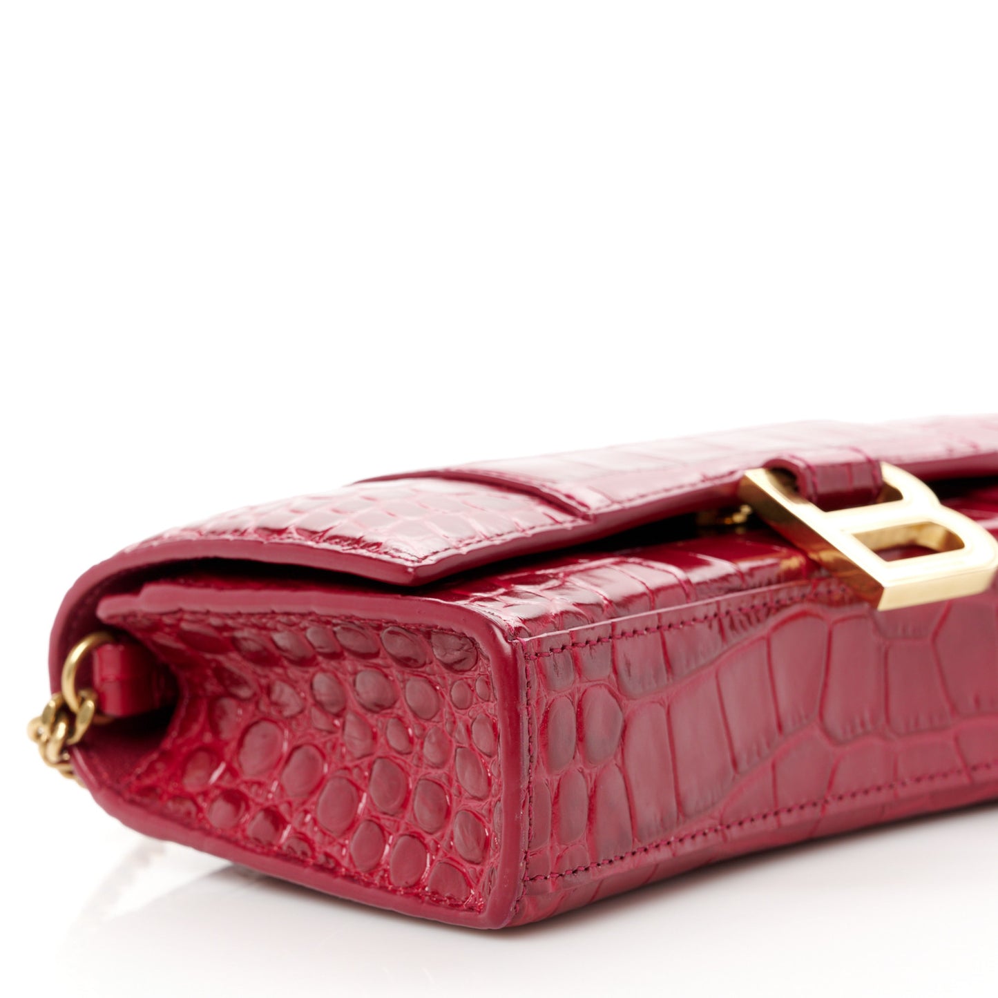 Shiny Calfskin Crocodile Embossed Hourglass Chain Bag Dark Red