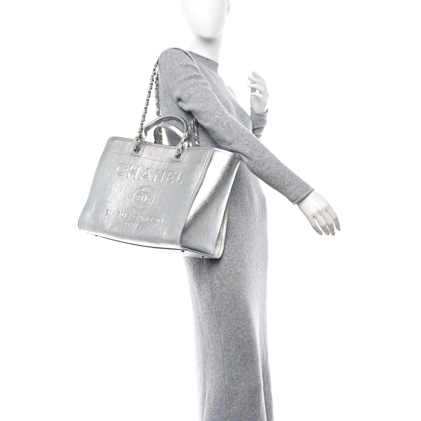 Metallic Calfskin Medium Deauville Tote Silver