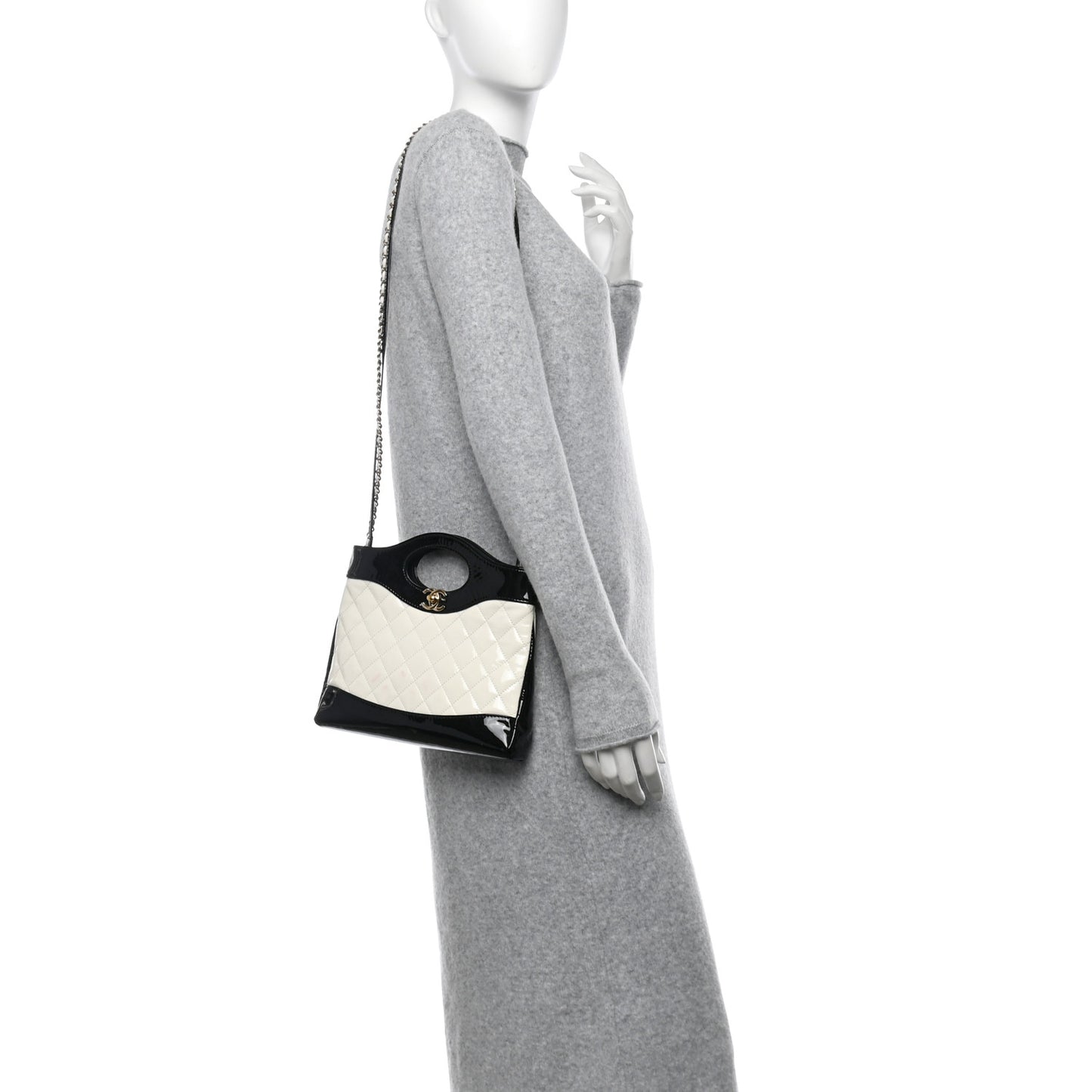 Patent Calfskin Quilted Mini 31 Shopping Bag White Black