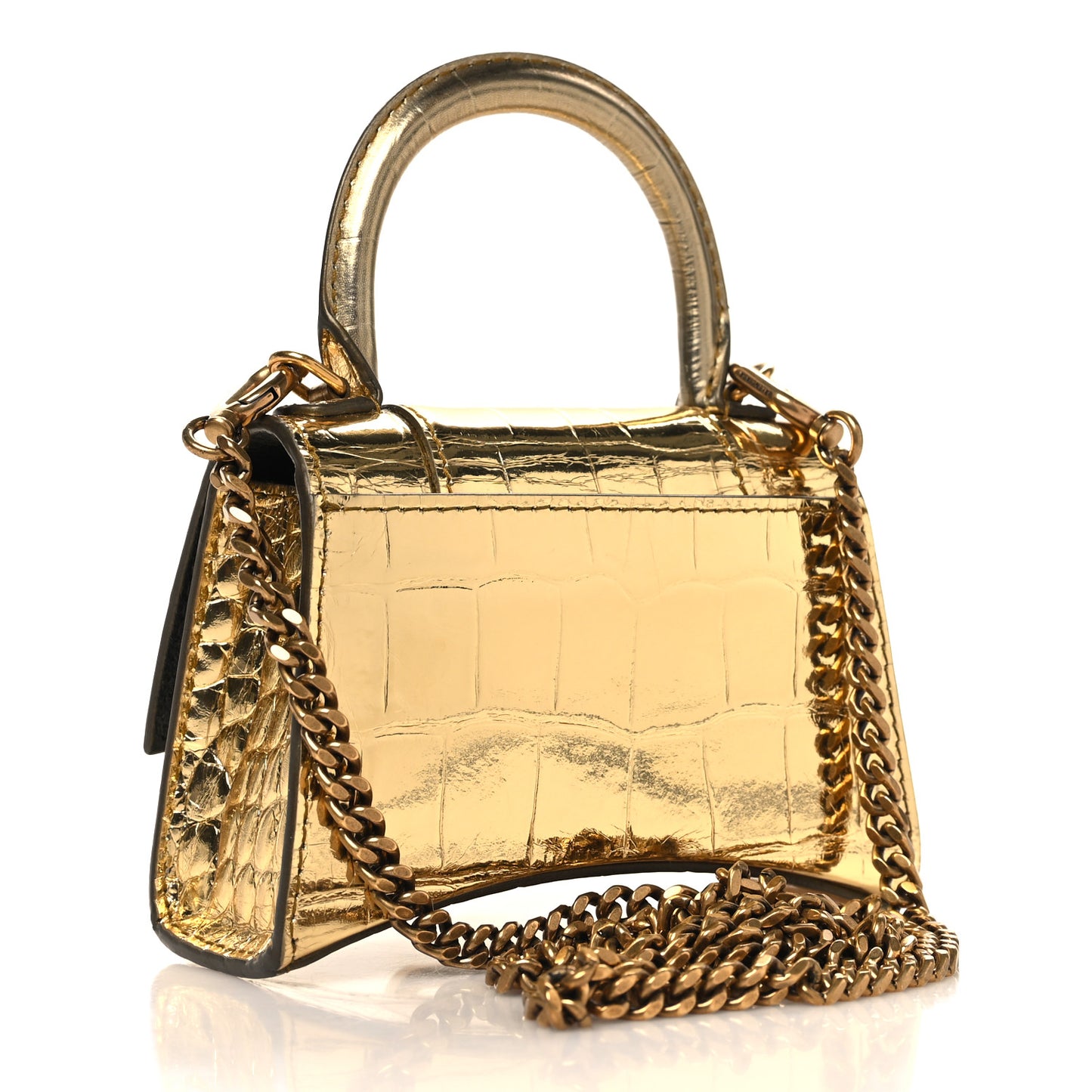 Metallic Calfskin Crocodile Embossed Hourglass Top Handle Bag Mini with Chain Gold