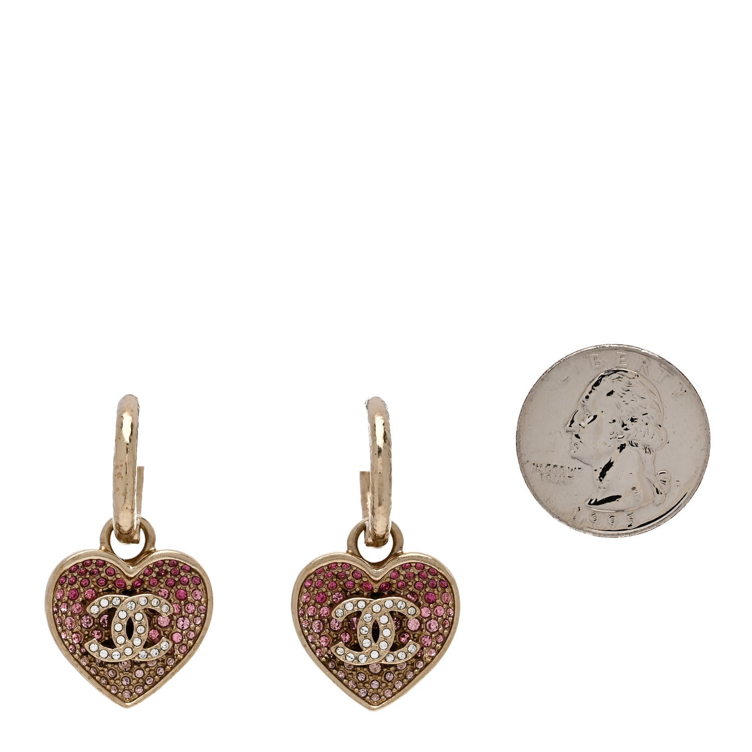 Chanel Crystal Resin CC Heart Drop Hoop Earrings Pink Gold 2 of 6