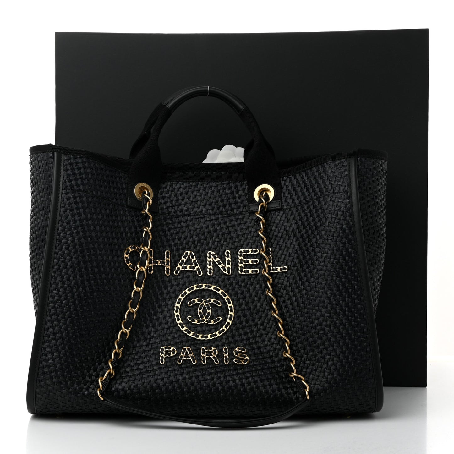 Straw Raffia Calfskin Chain Medium Deauville Tote Black