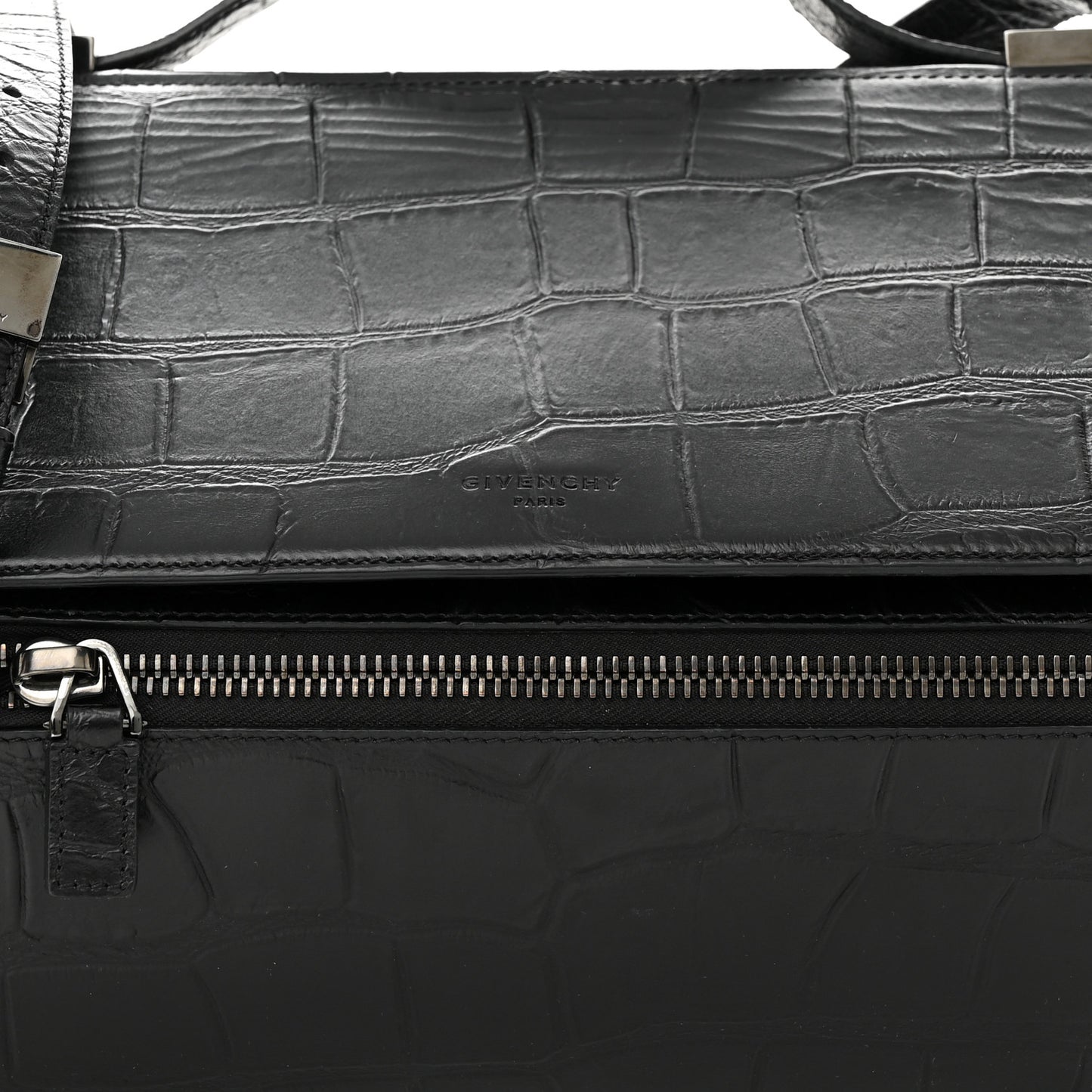 Calfskin Crocodile Embossed Medium Pandora Box Crossbody Bag Black