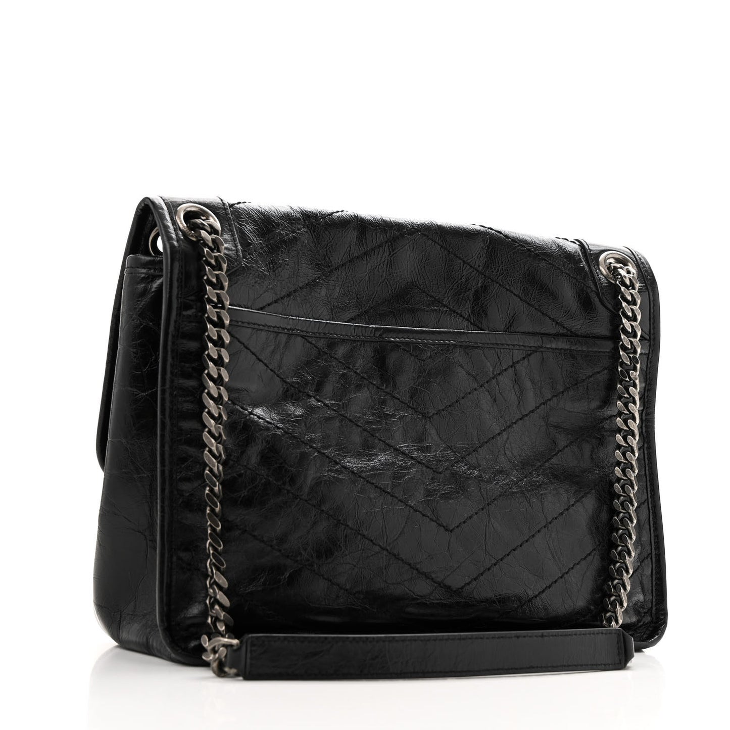 Crinkled Calfskin Matelasse Monogram Medium Niki Chain Satchel Black