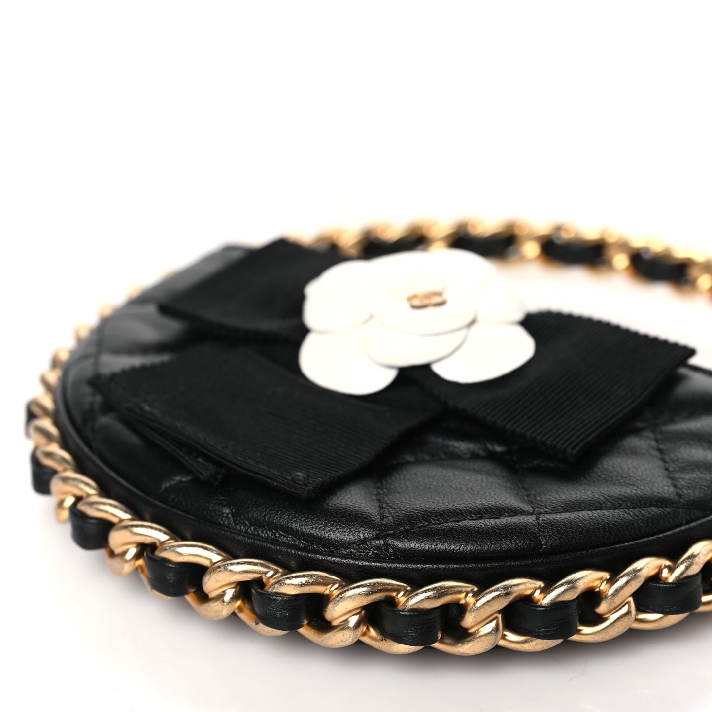 Lambskin Quilted Round Camellia Mini Clutch Black