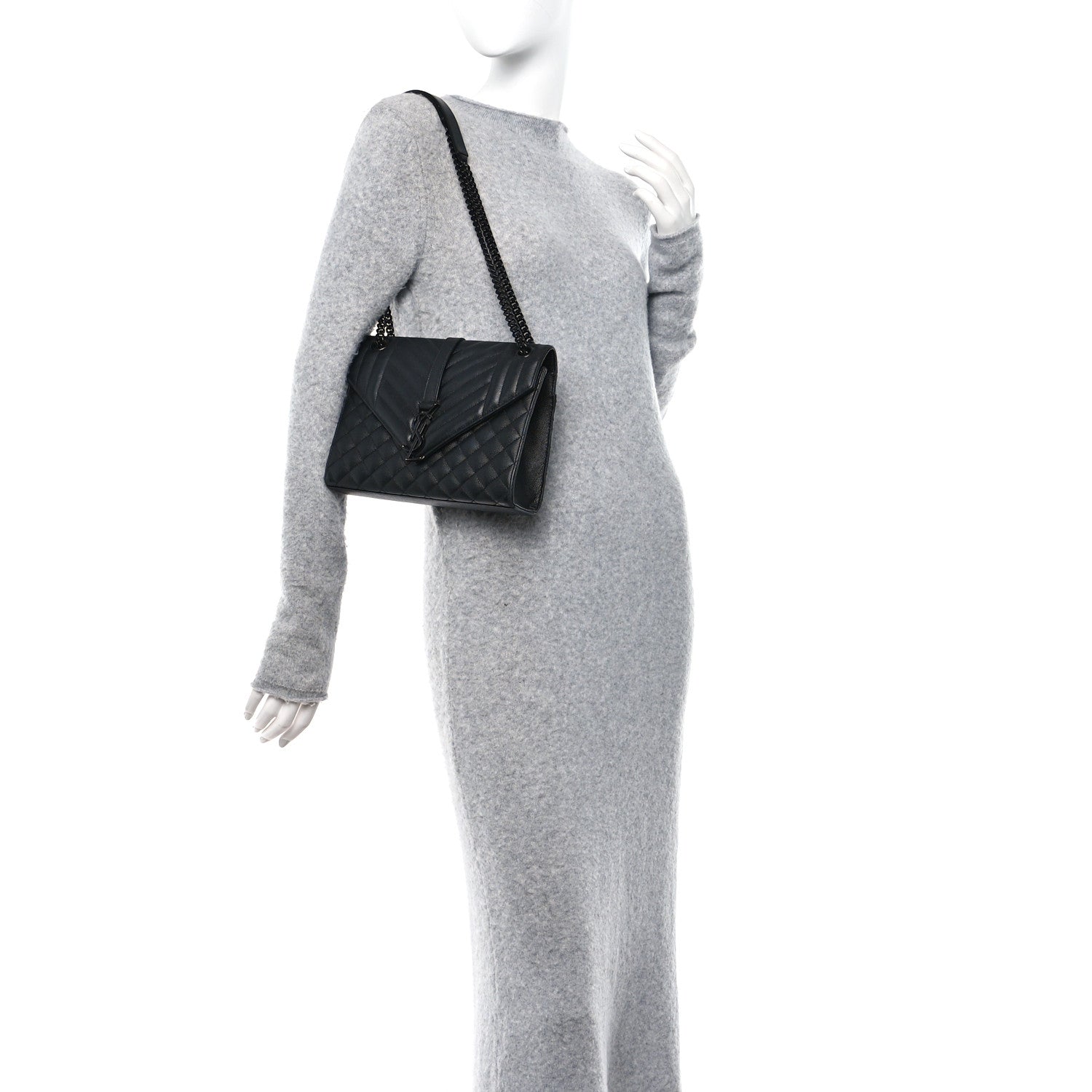 Saint Laurent Grain De Poudre Textured Mixed Matelasse Large Triquilt Monogram Monochrome Satchel Black 2 of 15