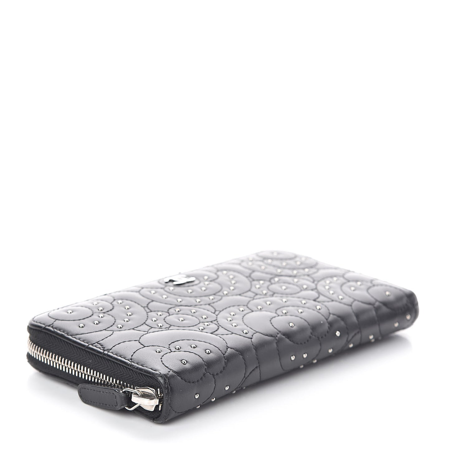 Lambskin Camellia Studded Large Gusset Zip Around Wallet Black