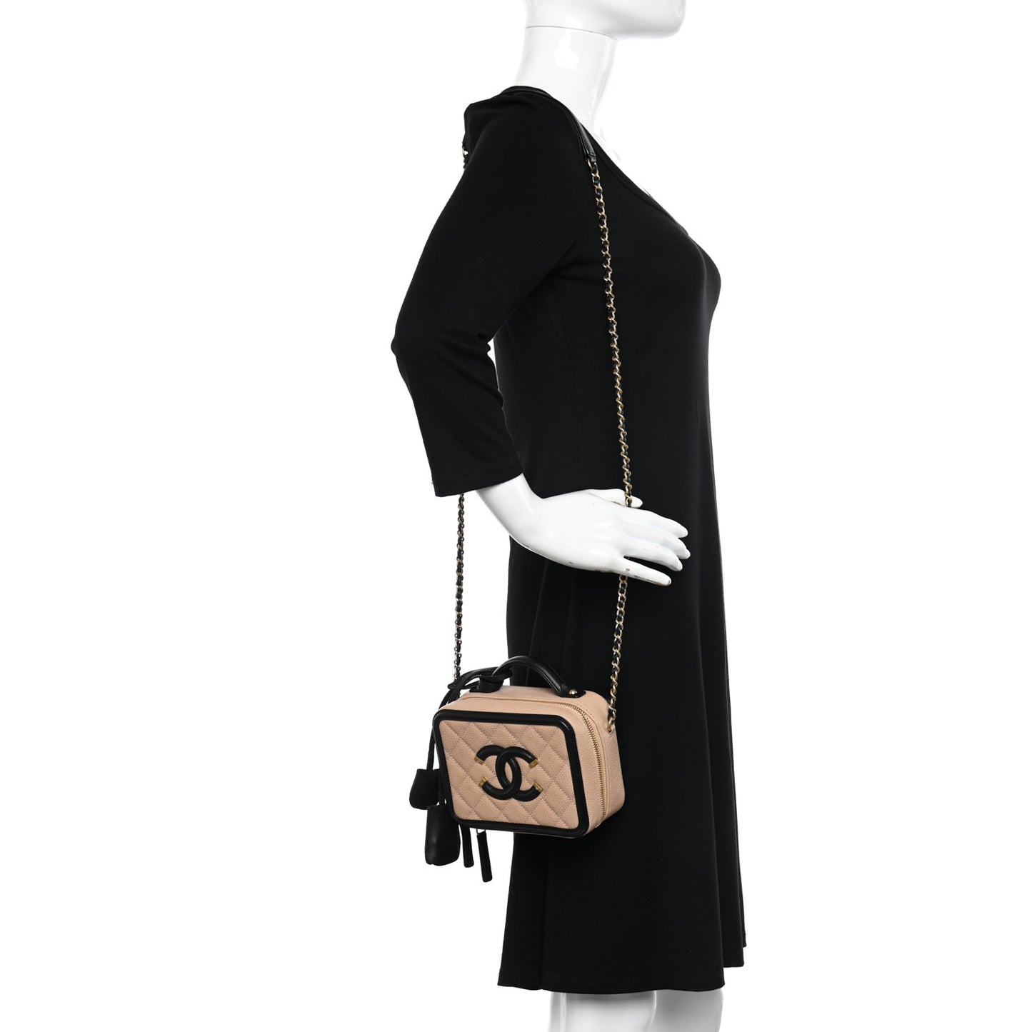Caviar Quilted Small CC Filigree Vanity Case Beige Black