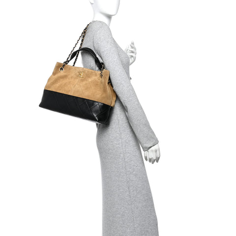 Suede Calfskin Shiny Lambskin Quilted Small Coco Base Shopping Bag Beige Black