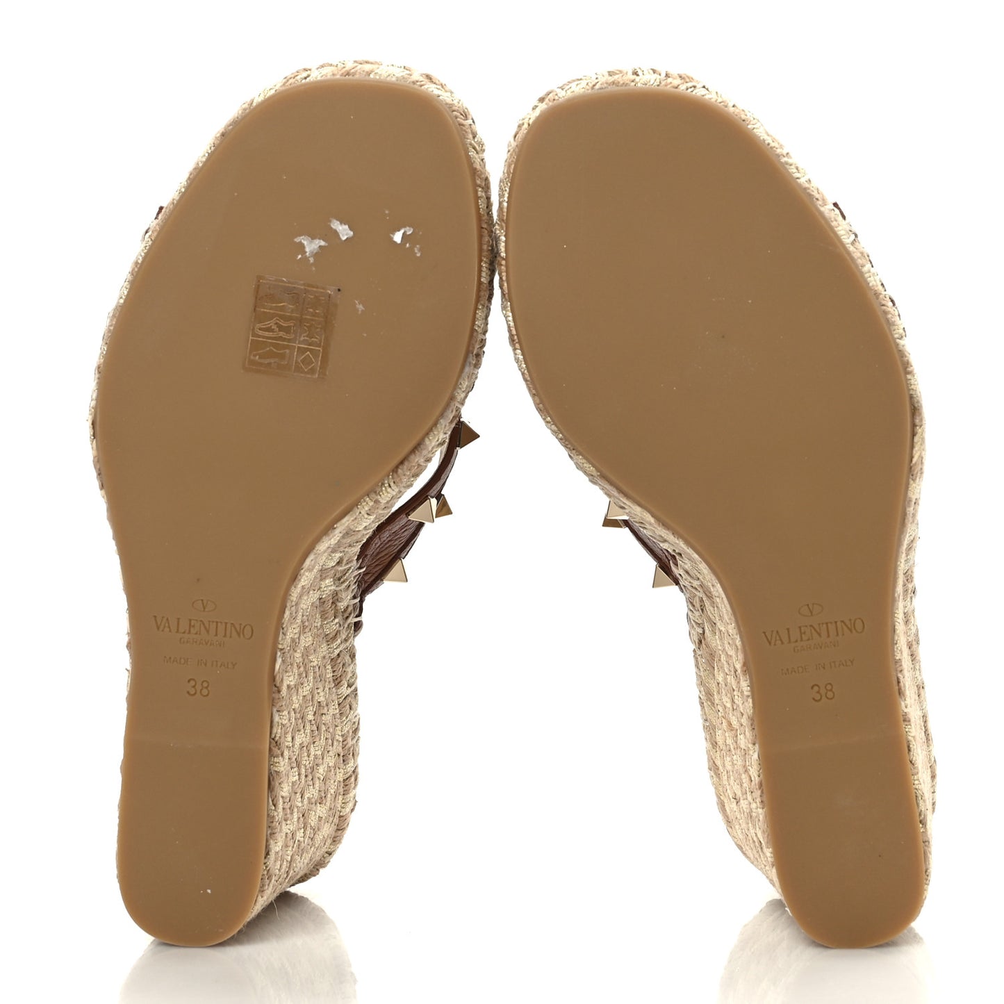 Pebbled Calfskin Rockstud Criss Cross Espadrille 15/105mm Wedge Sandals 38 Selleria
