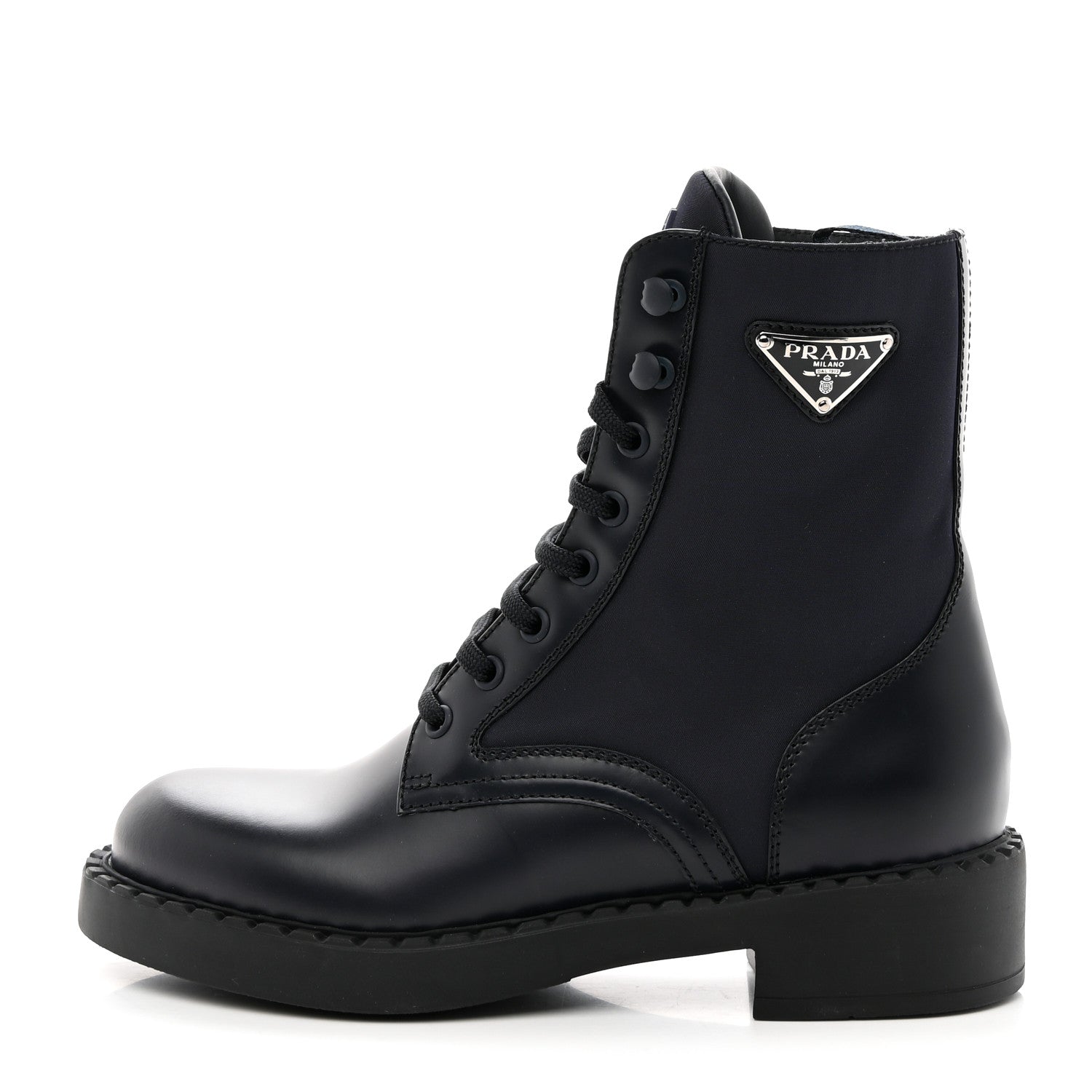 Prada Spazzolato Re-Nylon Metal Triangle Logo Womens 50mm Combat Boots 37 Blue 1 of 15