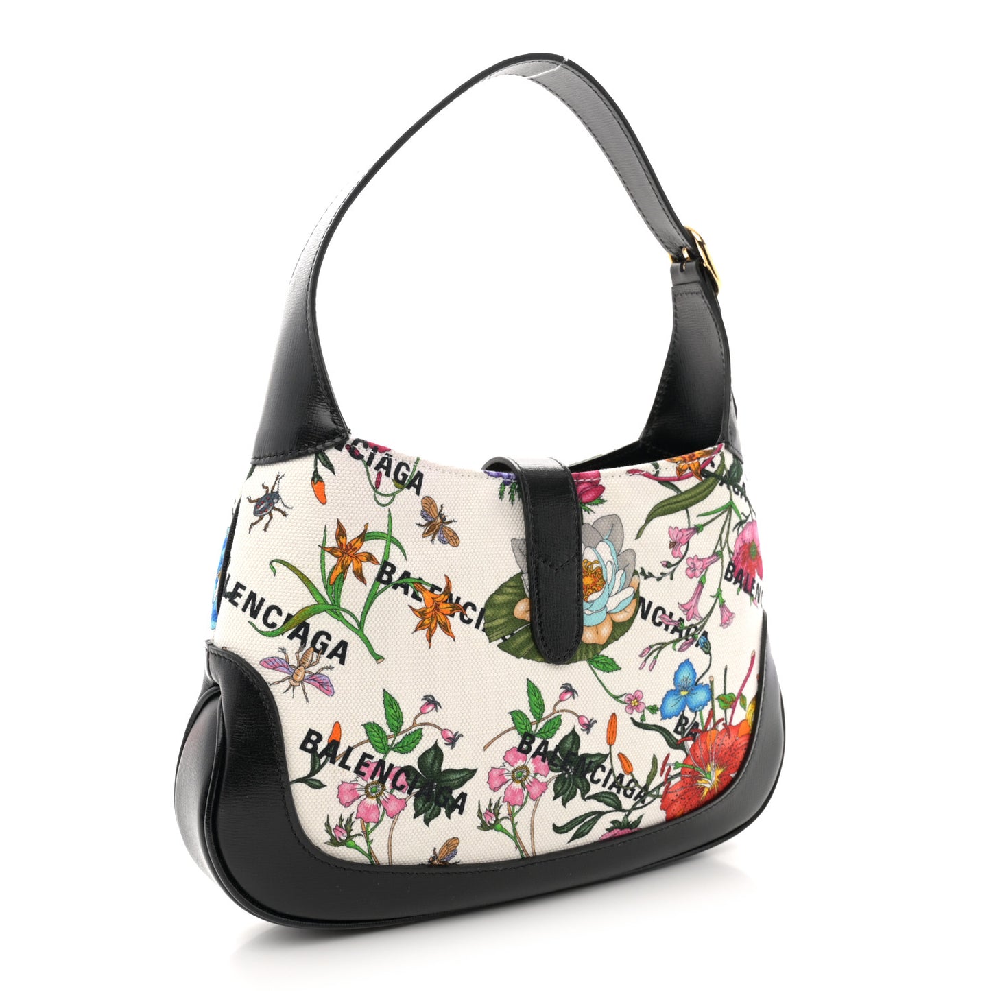 X BALENCIAGA Canvas Azalea Calfskin Flora Logo Print Neo Classic Small Jackie 1961 Hobo White Multicolor Black