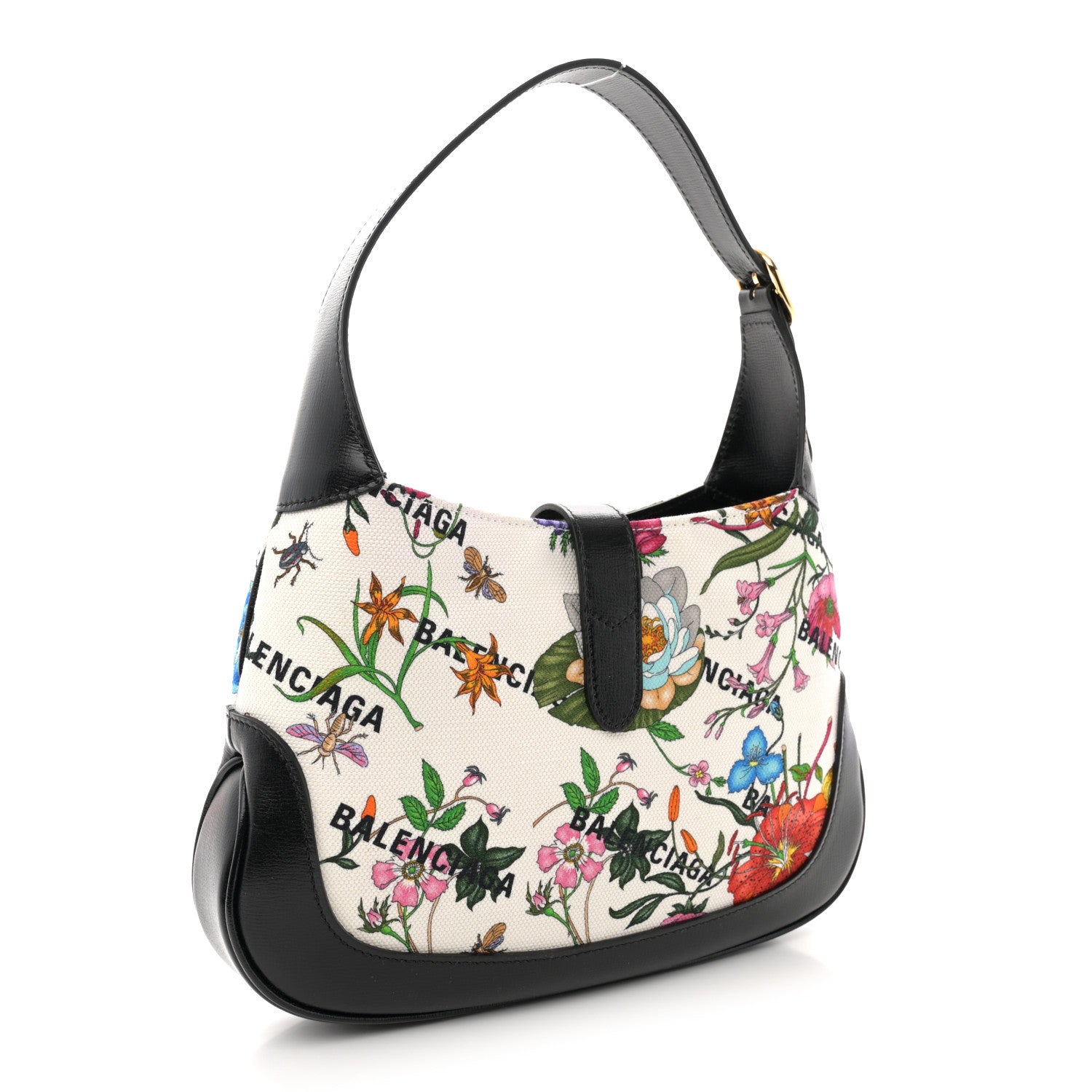 Gucci X BALENCIAGA Canvas Azalea Calfskin Flora Logo Print Neo Classic Small Jackie 1961 Hobo White Multicolor Black 3 of 11