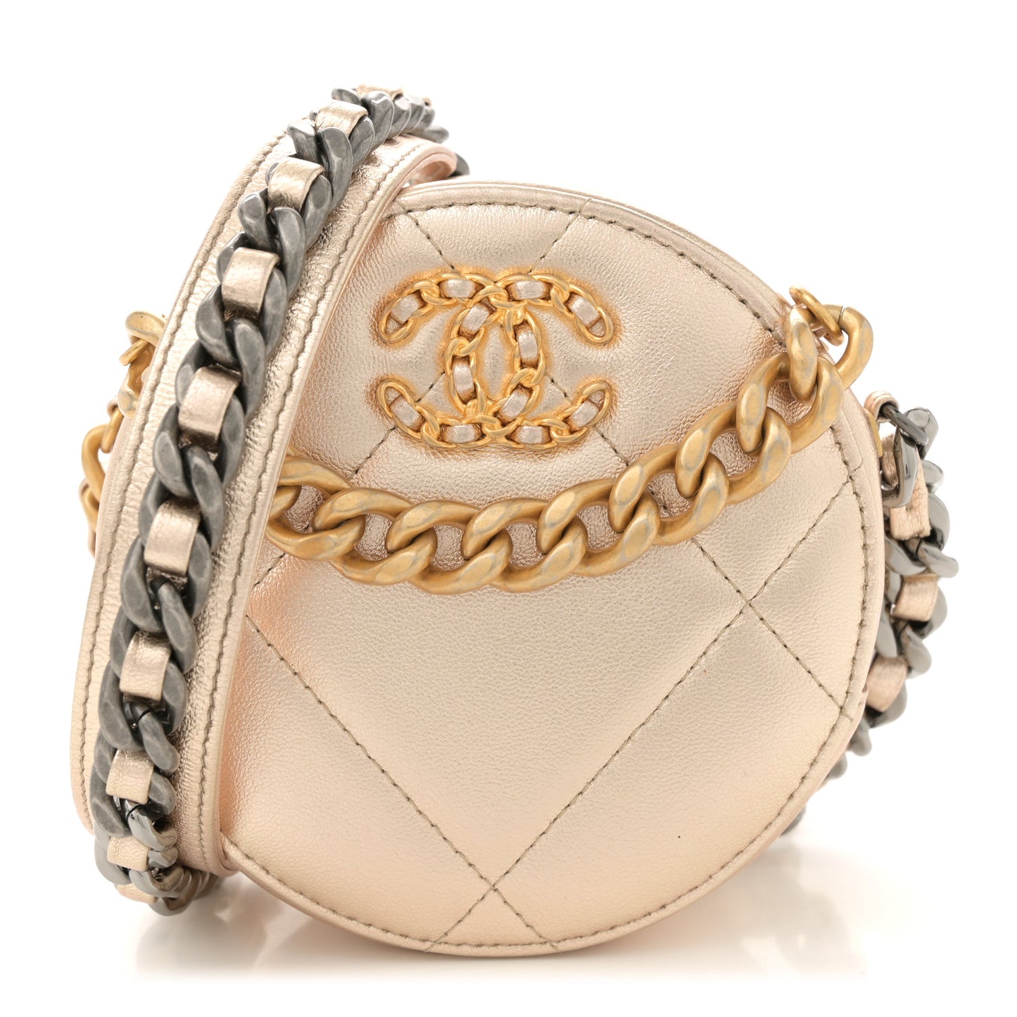 Metallic Lambskin Quilted Chanel 19 Round Clutch With Chain Gold