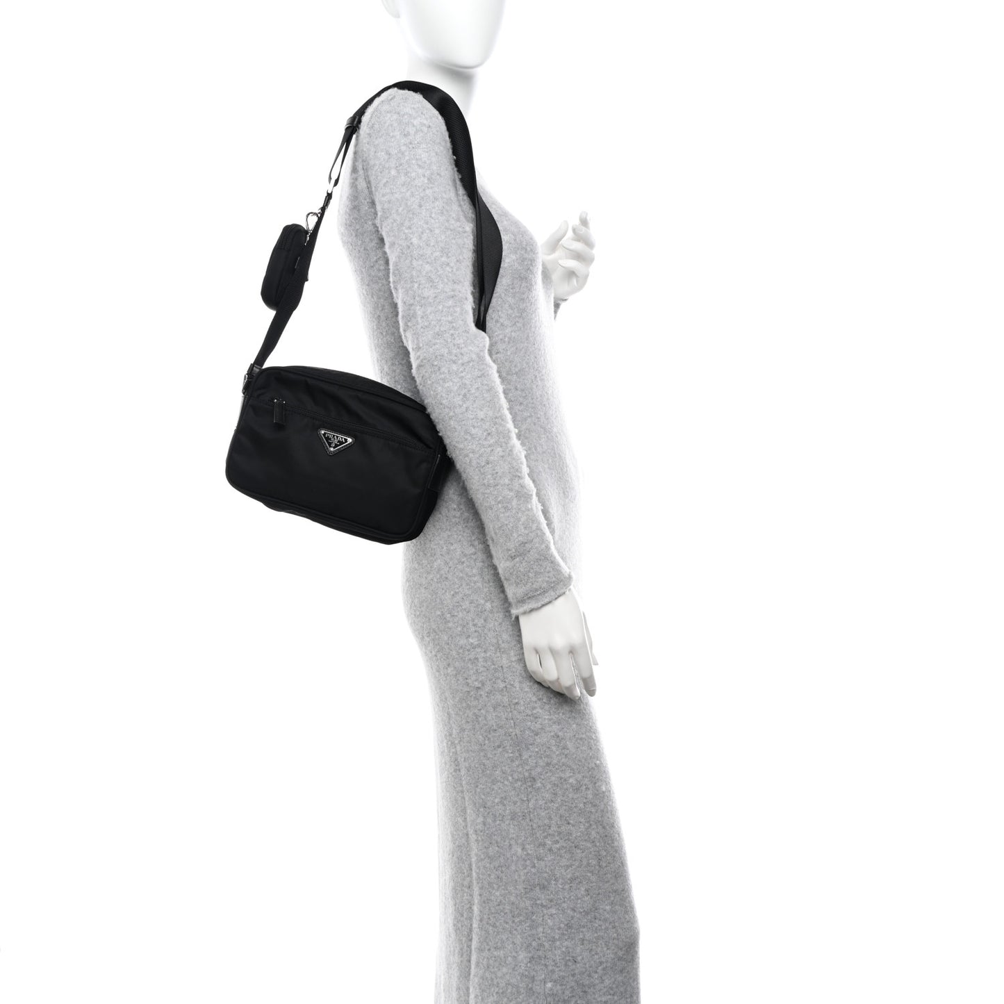 Re-Nylon Vela Saffiano Double Zip Shoulder Bag Black