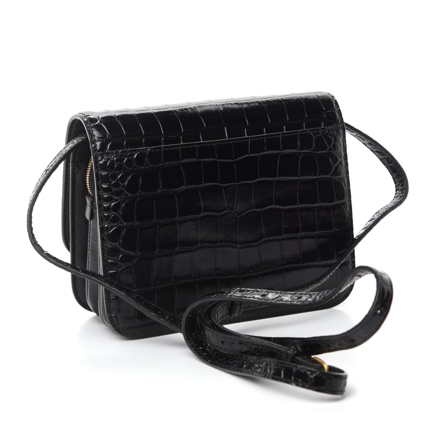 Shiny Calfskin Crocodile Embossed Small B Bag Black