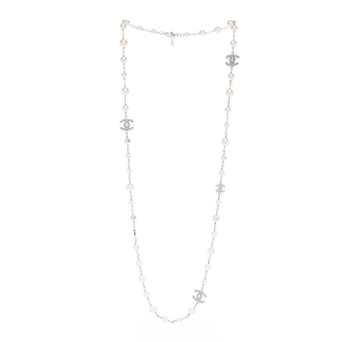 Graduated Pearl Crystal CC Long Necklace Silver