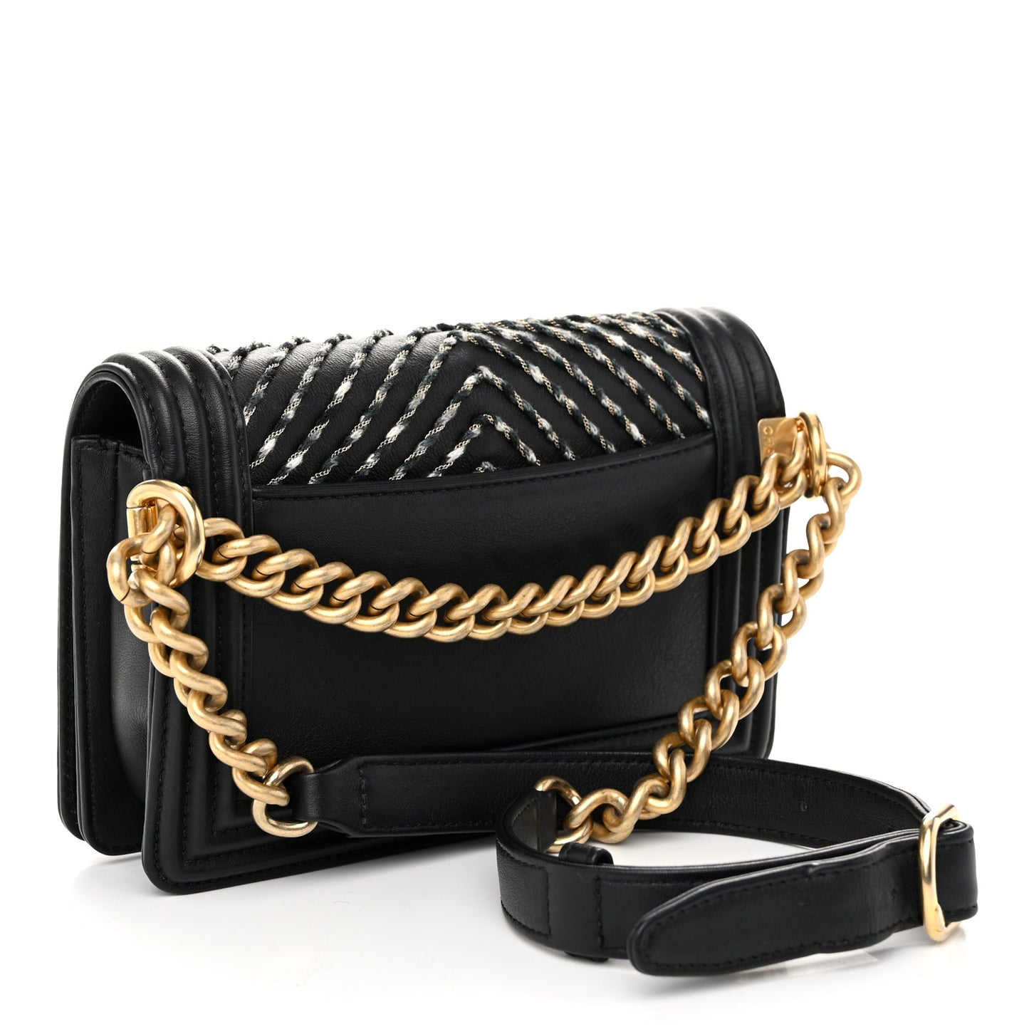 Calfskin Chevron Embroidered Boy By The Sea Flap Waist Belt Bag Black