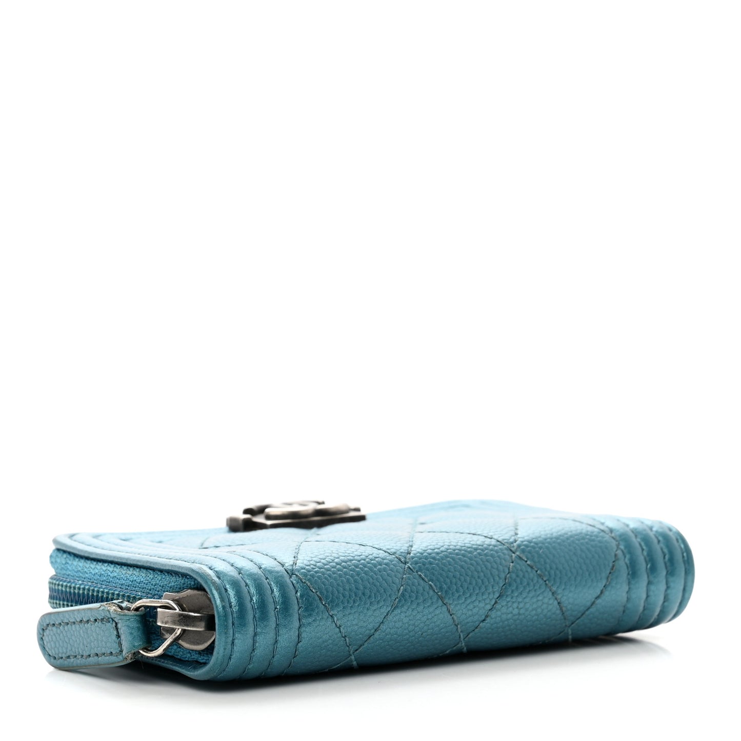 Metallic Caviar Quilted Boy Zip Around Coin Purse Wallet Turquoise