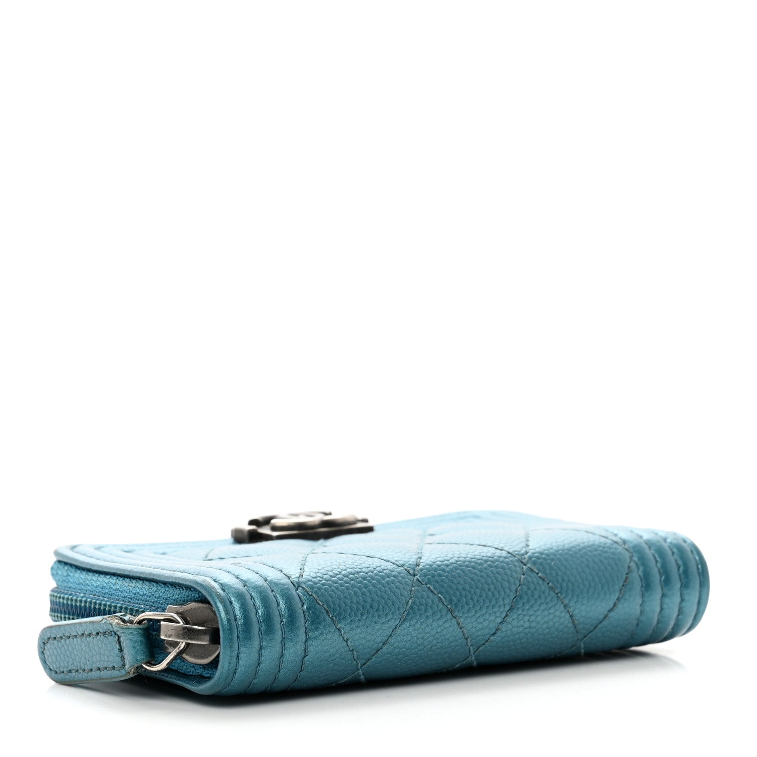 Chanel Metallic Caviar Quilted Boy Zip Around Coin Purse Wallet Turquoise 4 of 9