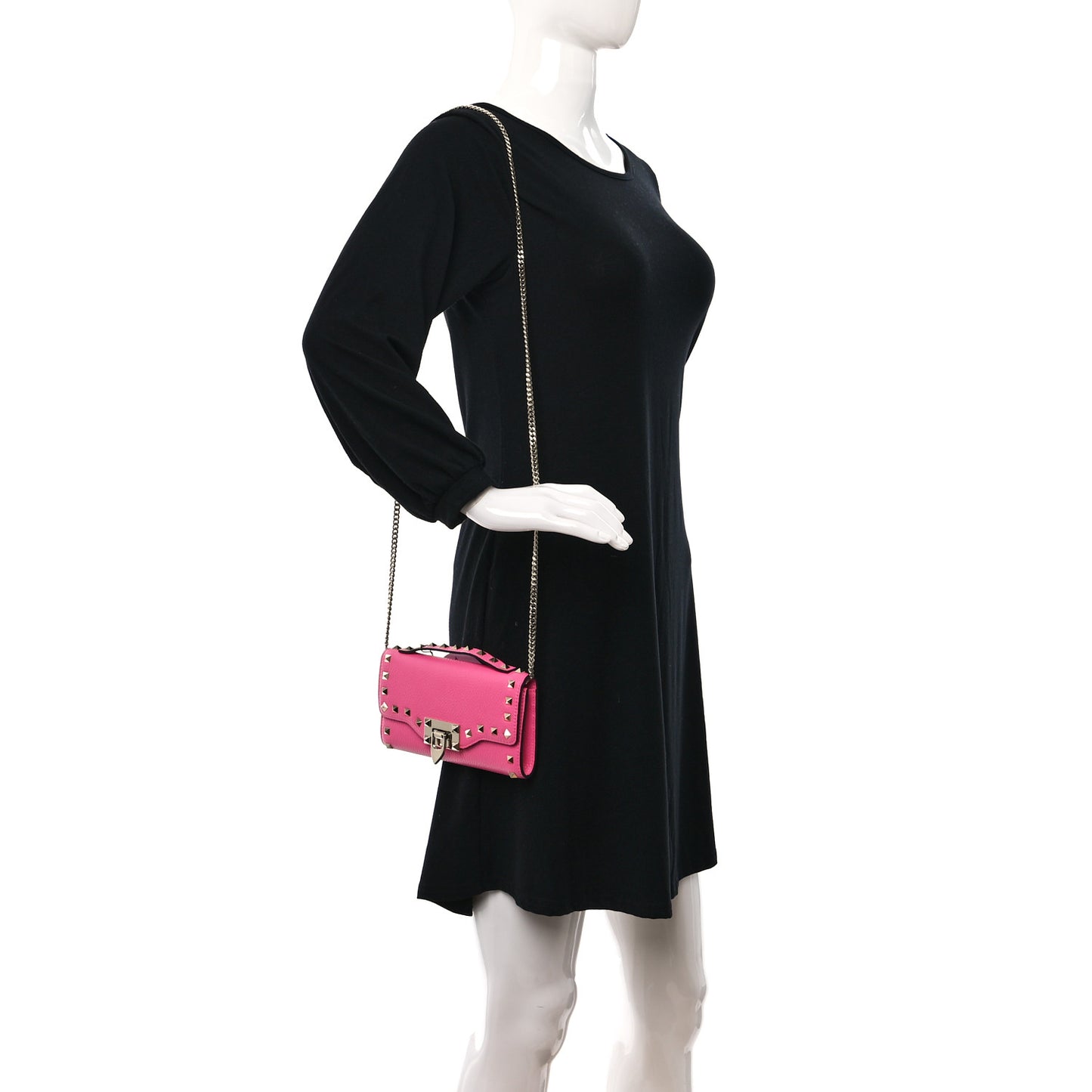 Pebbled Calfskin Rockstud Flip Lock Wallet On Chain Feminine Pink