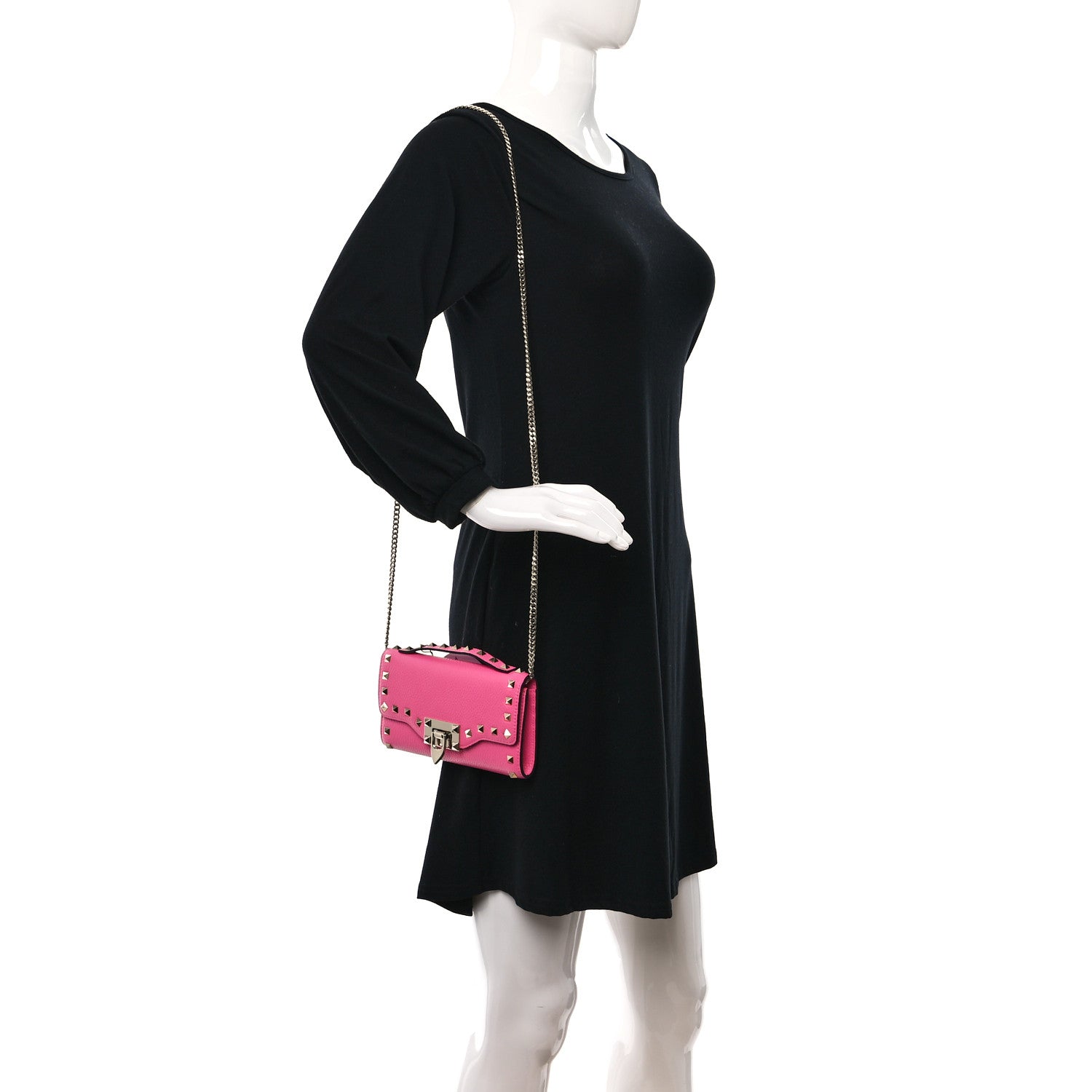 Valentino Garavani Pebbled Calfskin Rockstud Flip Lock Wallet On Chain Feminine Pink 2 of 8