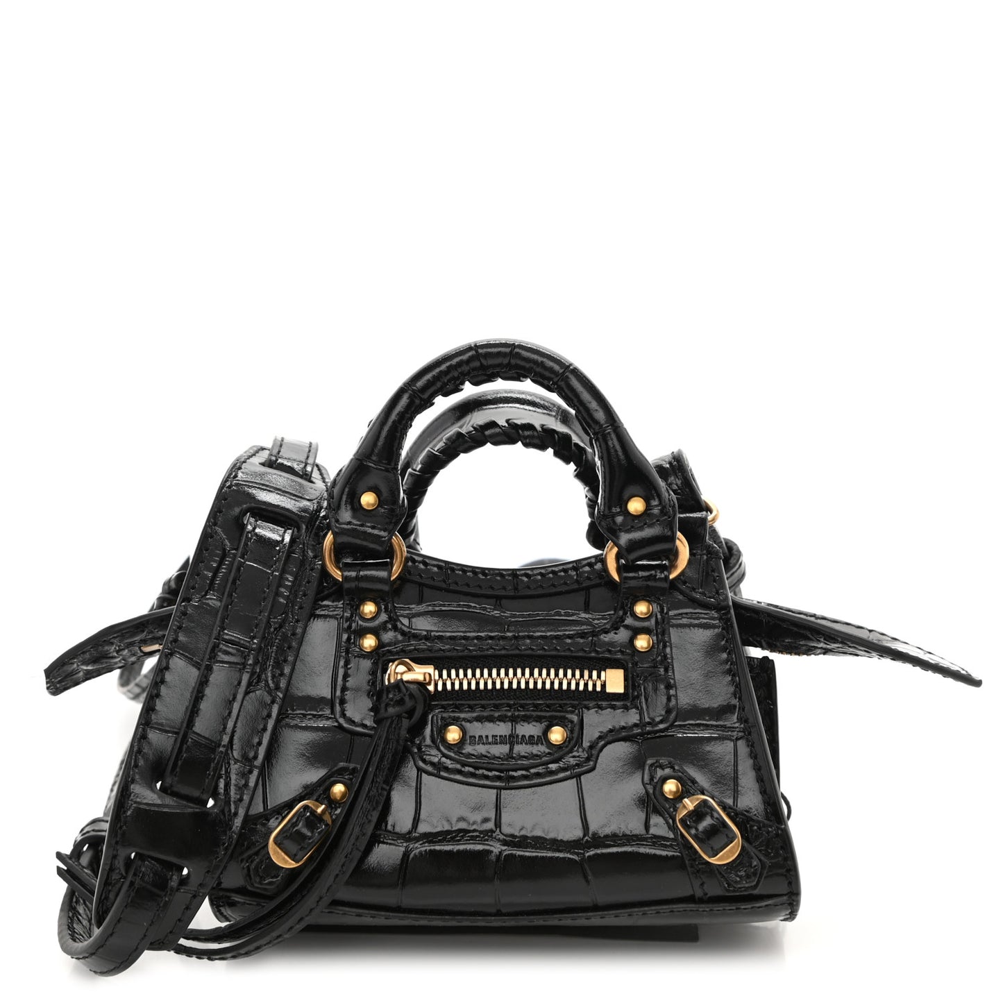 Shiny Supple Calfskin Crocodile Embossed Neo Classic Gold Hardware Super Nano City Crossbody Black