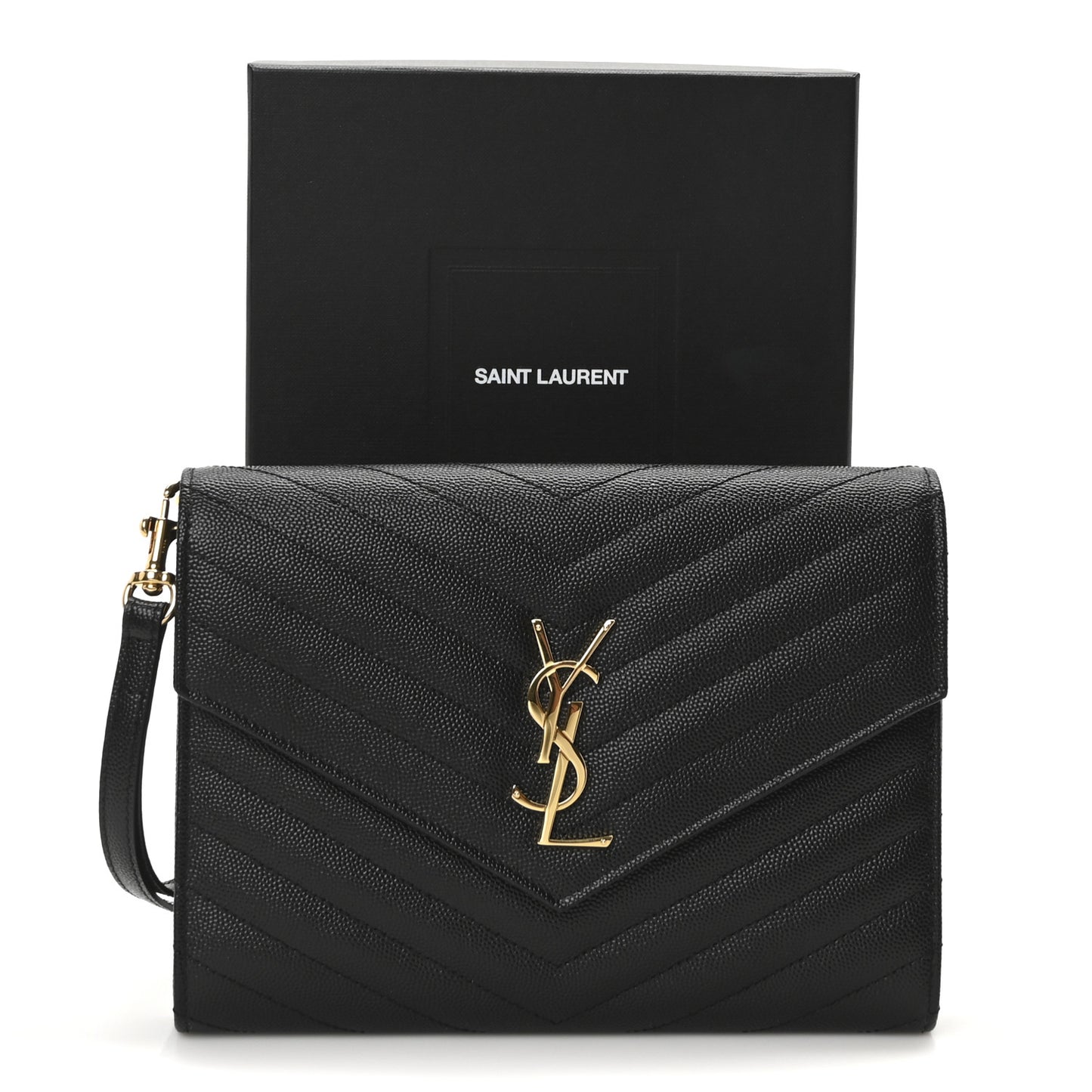 Grain De Poudre Matelasse Chevron Monogram Envelope Clutch Black