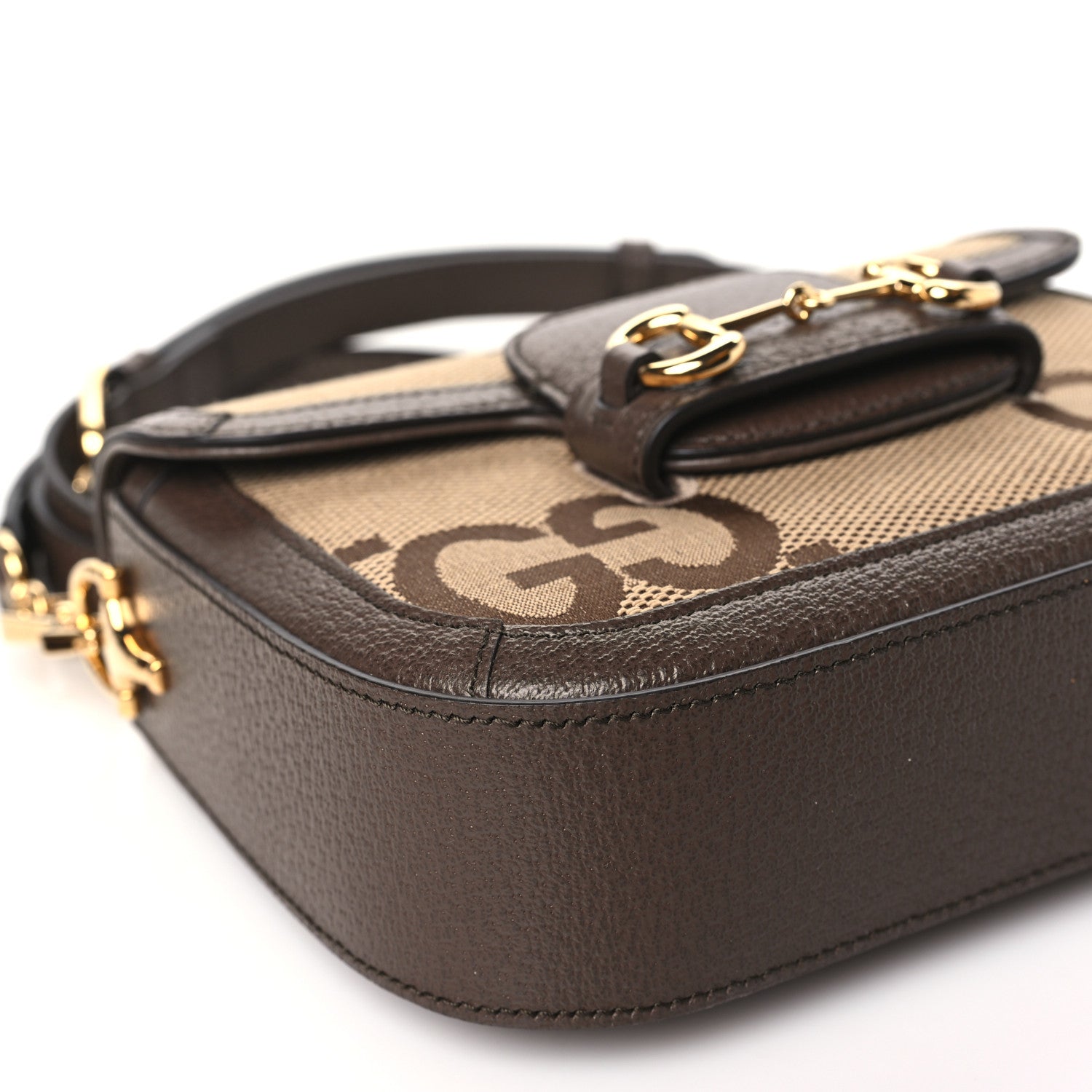Gucci Monogram Jumbo GG Textured Dollar Calfskin Web Mini Horsebit 1955 Shoulder Bag Camel Ebony New Acero 9 of 11