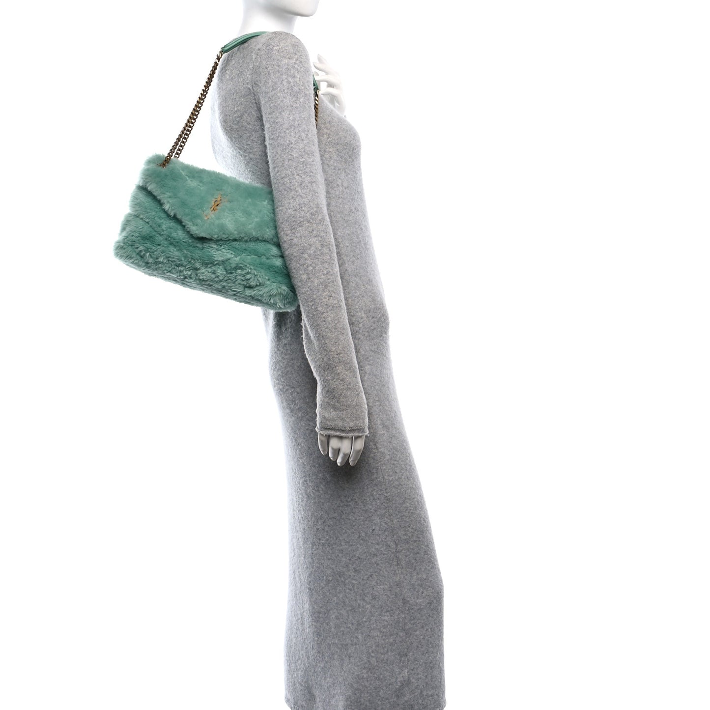 Merino Shearling Lambskin Quilted Small Loulou Puffer Monogram Chain Satchel Iced Mint