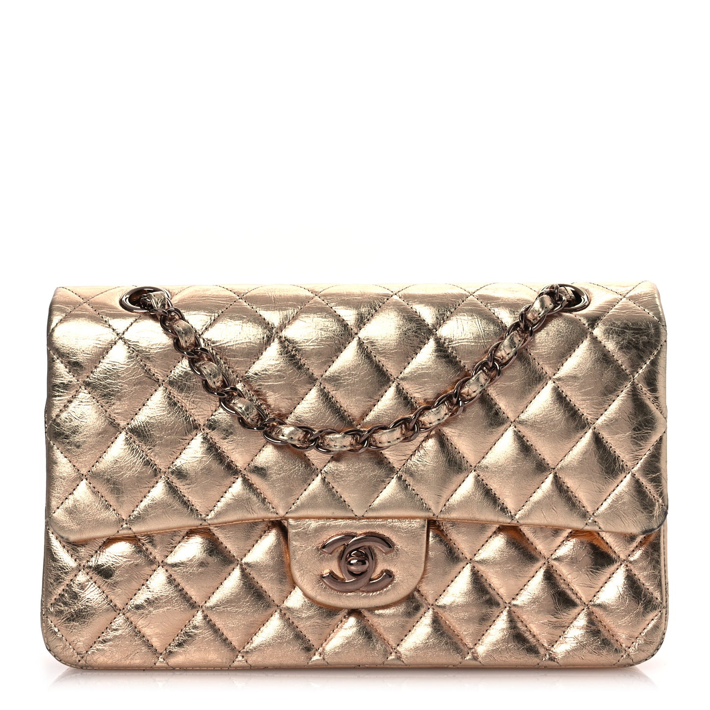 Metallic Aged Calfskin Quilted Medium Double Flap Gold