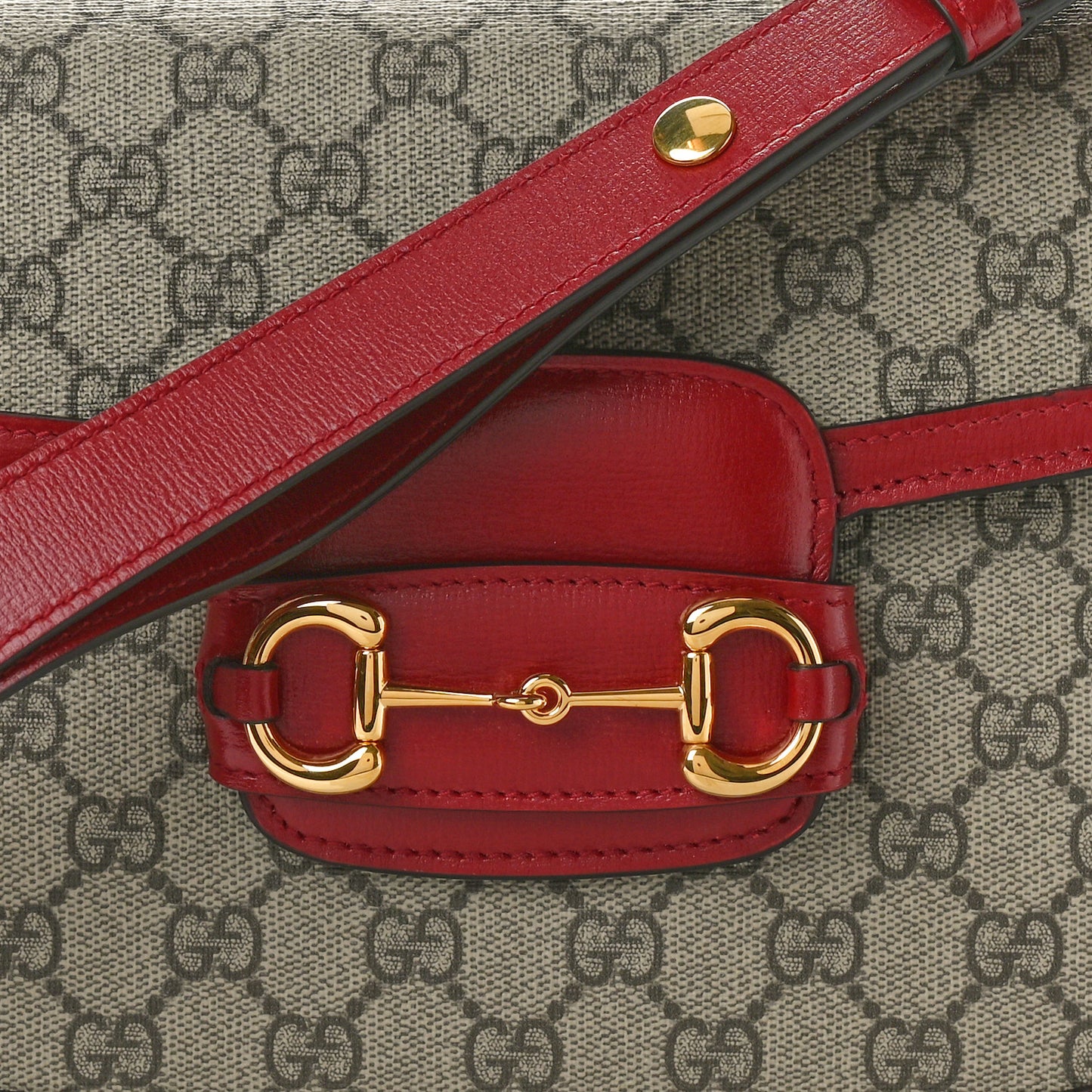 GG Supreme Monogram Azalea Calfskin Horsebit 1955 Shoulder Bag Beige Ebony New Cherry Red