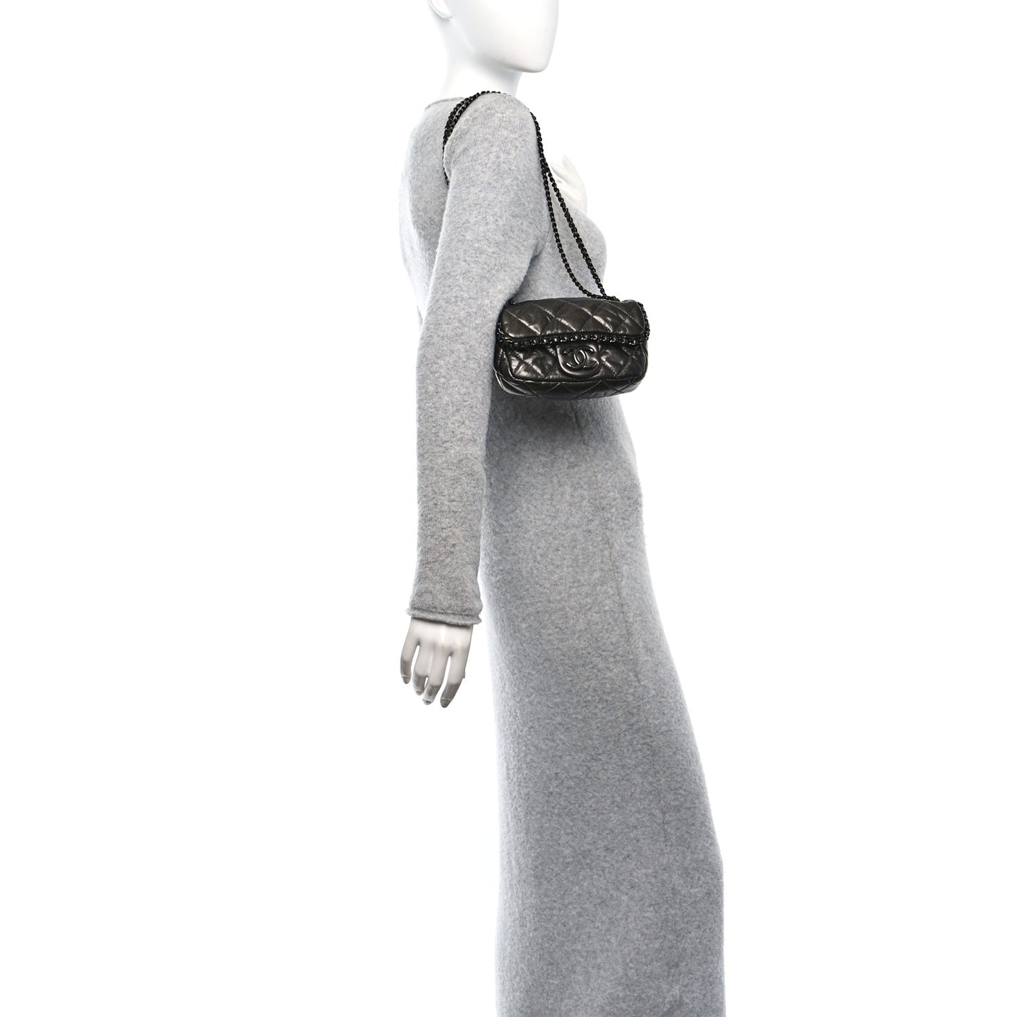Metallic Aged Calfskin Mini Chain Me Flap Dark Grey