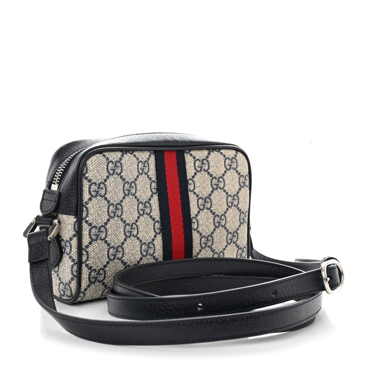 GG Supreme Monogram Textured Dollar Calfskin Web Mini Ophidia Shoulder Bag Beige Blue