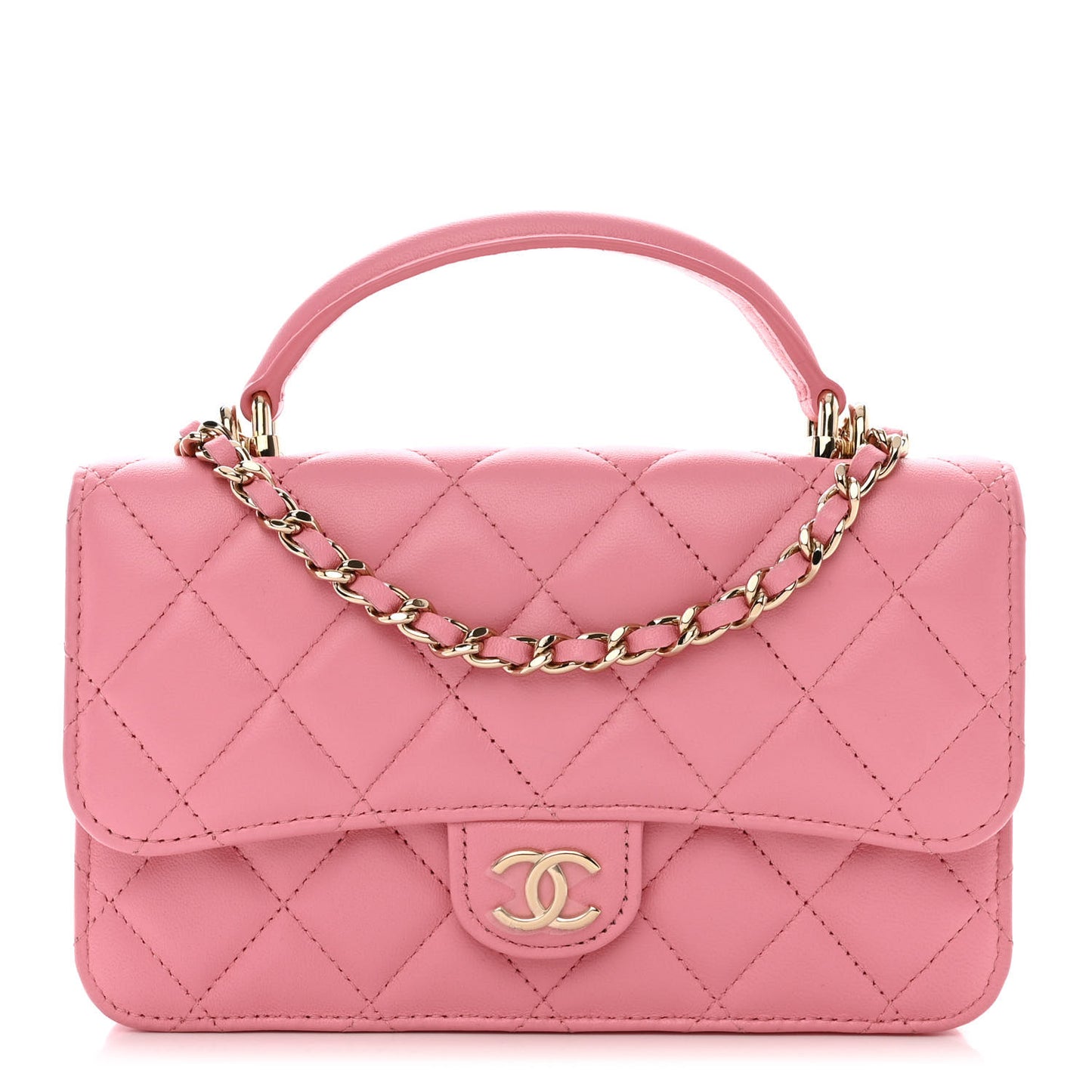 Lambskin Quilted Flap Phone Holder With Chain Pink