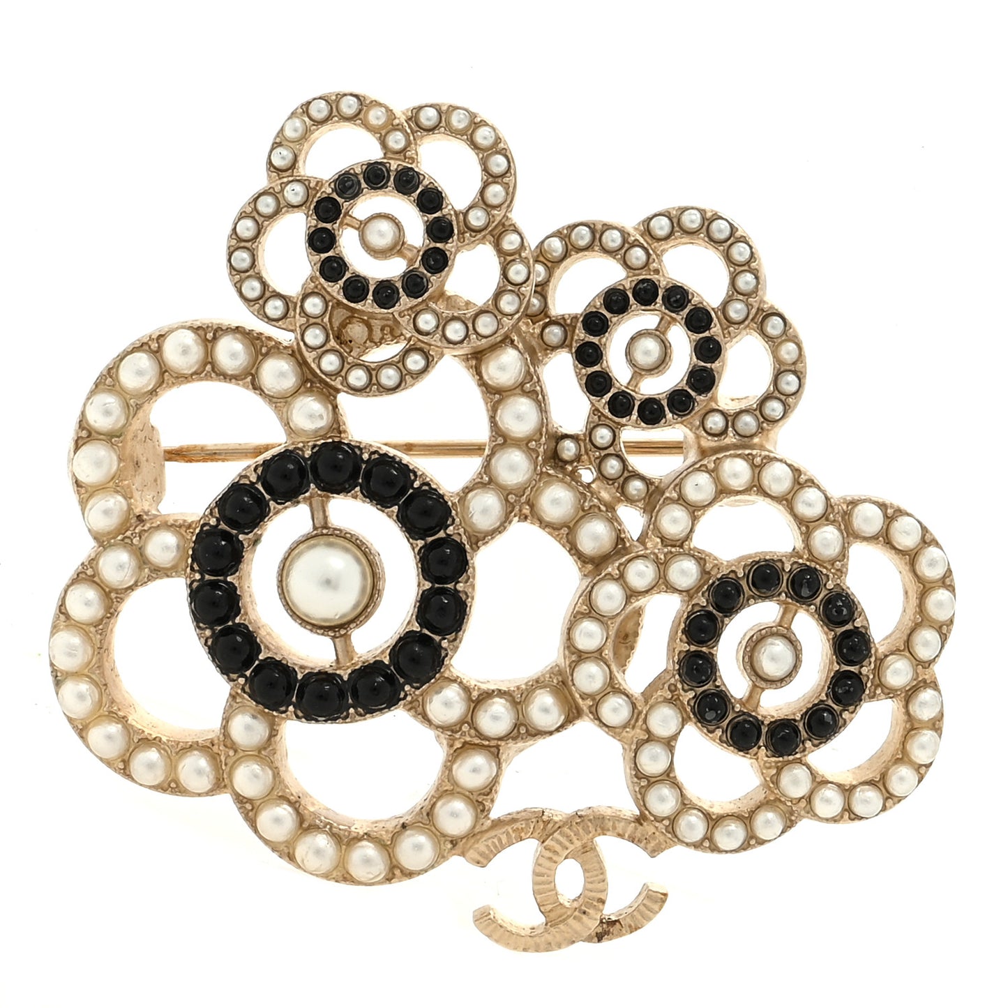 Pearl Camellia CC Brooch Gold Black White