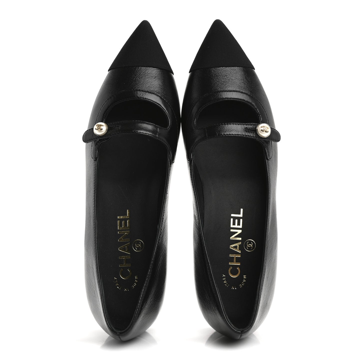 Shiny Lambskin Grosgrain Pearl Mary Jane Flats 37 Black