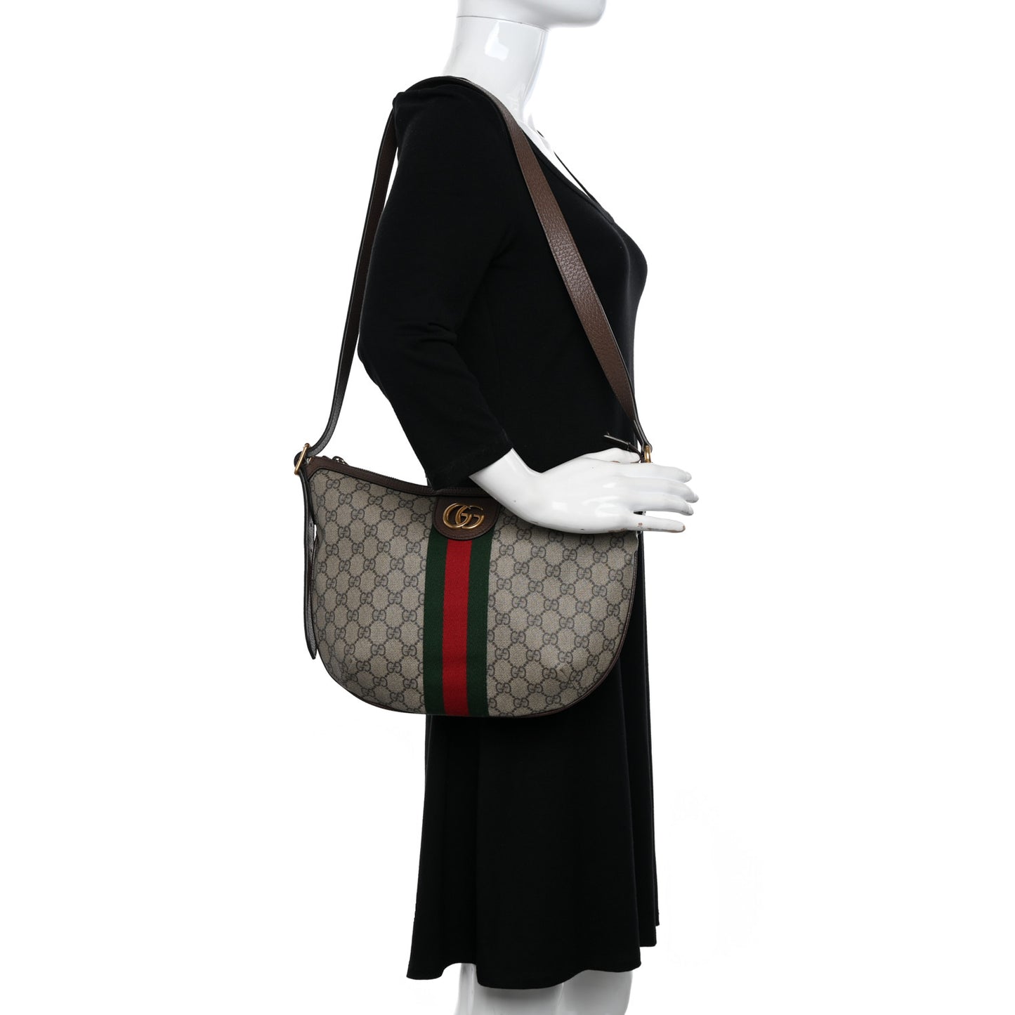 GG Supreme Monogram Web Small Ophidia Half Moon Hobo Brown