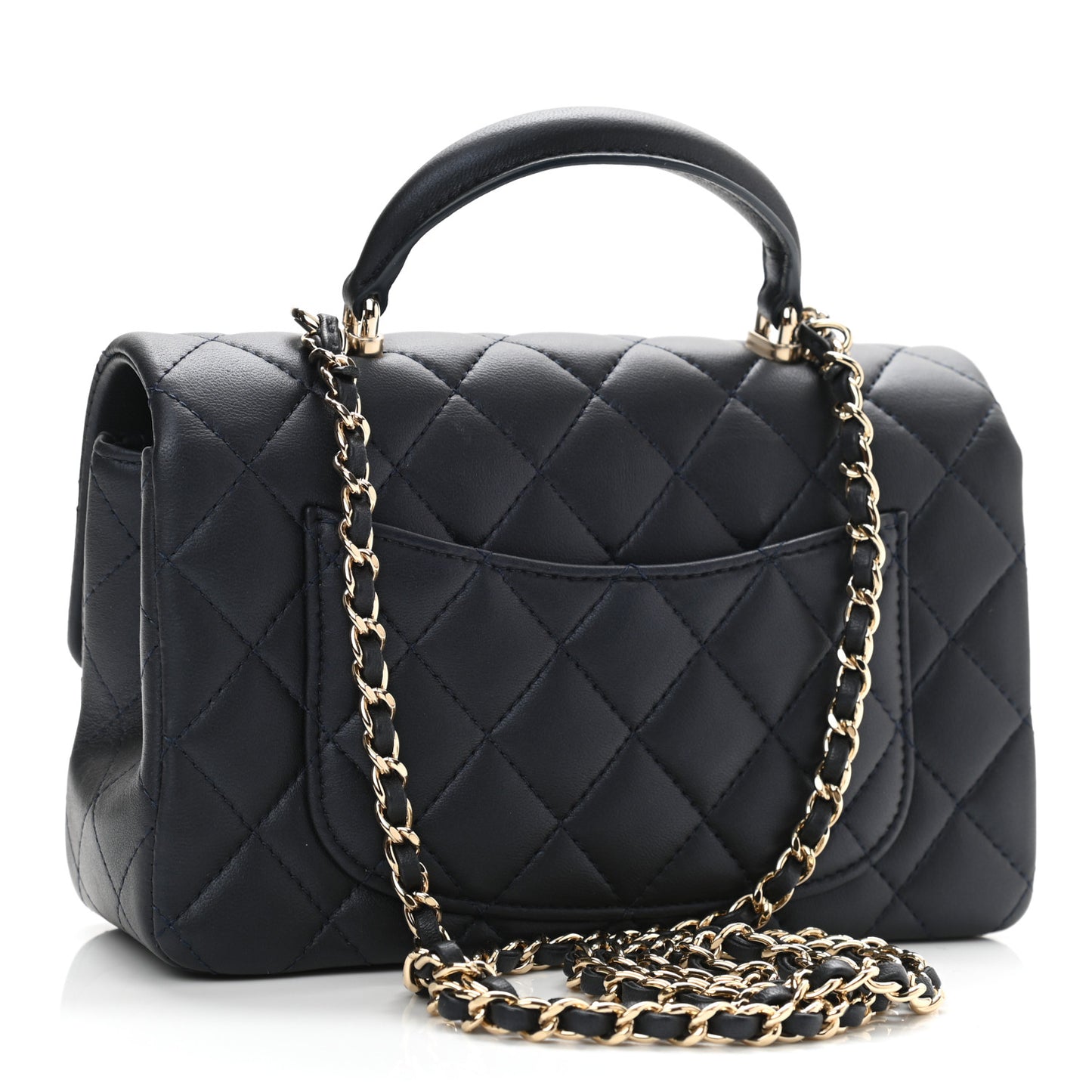 Lambskin Quilted Mini Top Handle Rectangular Flap Navy Blue