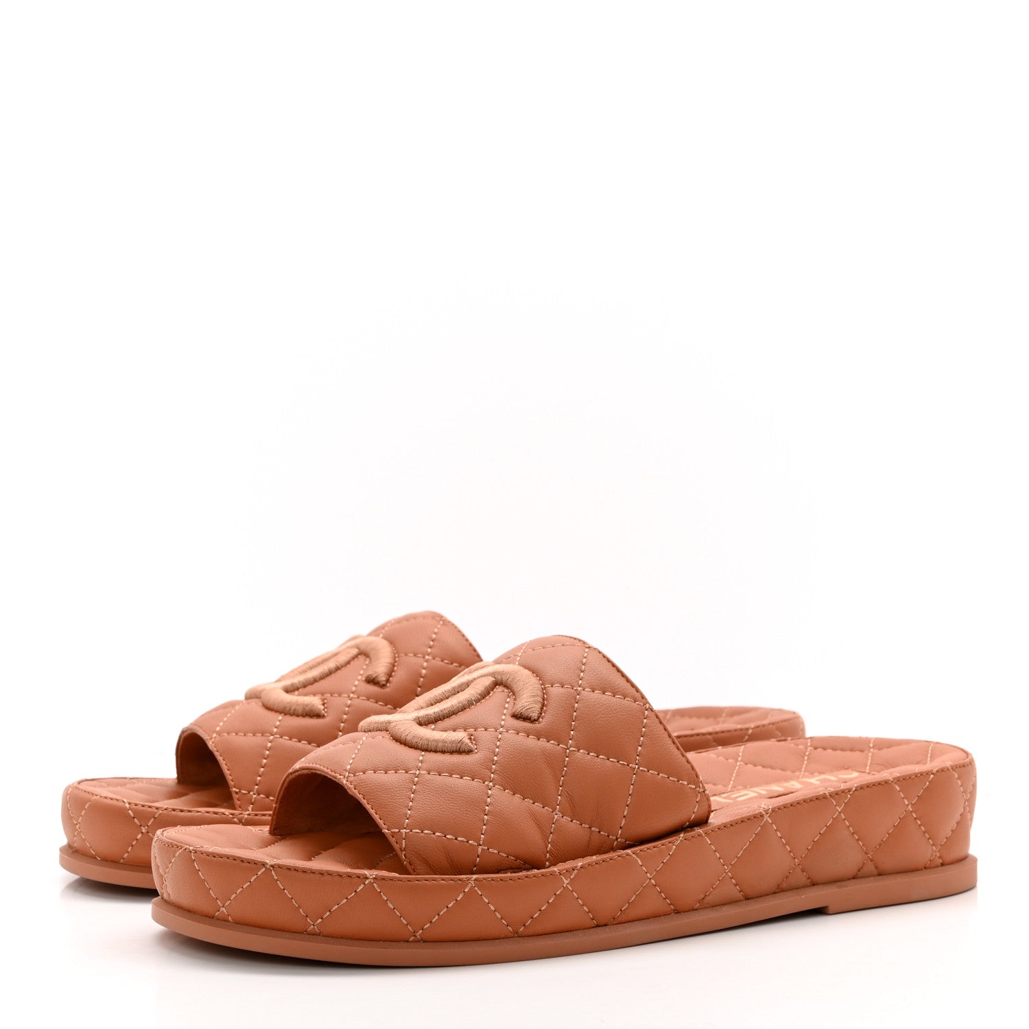 Chanel Lambskin Quilted CC Mules Sandals 38 Brown 3 of 9