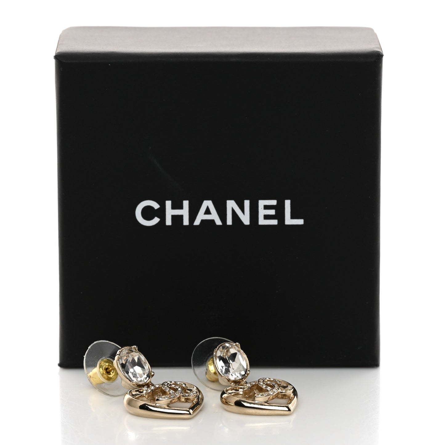 Metal Crystal CC Heart Drop Earrings Gold