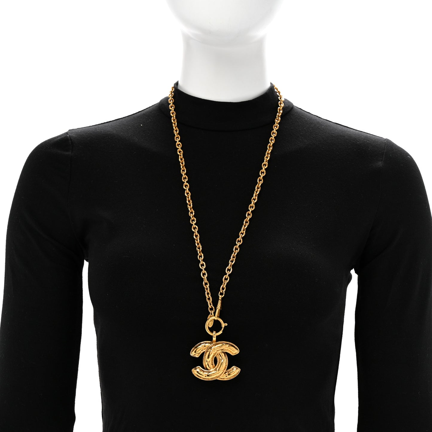 Metal Quilted CC Long Necklace Gold