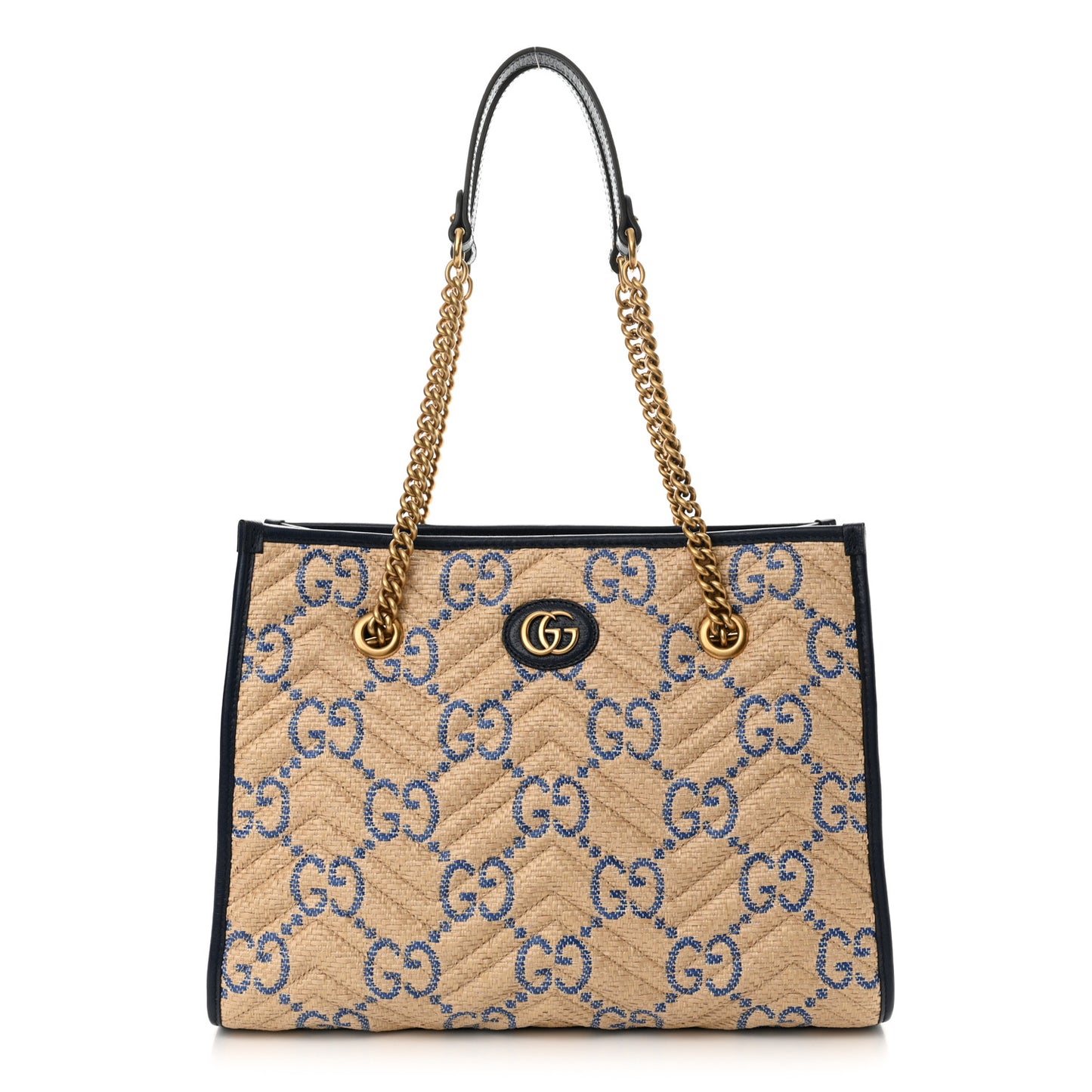 Raffia GG Monogram Matelasse Medium GG Marmont Shoulder Tote Natural Royale Off White