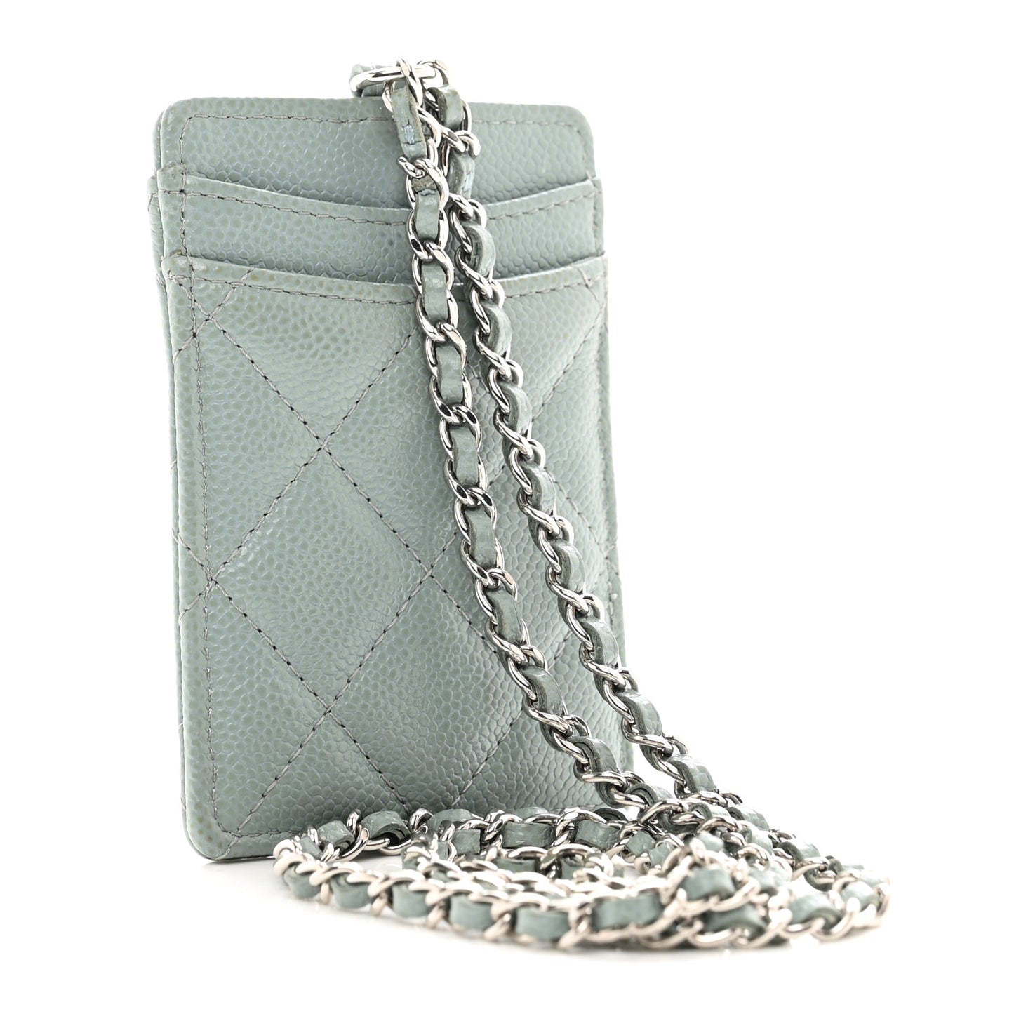 Caviar Quilted Card Holder On Chain Light Blue