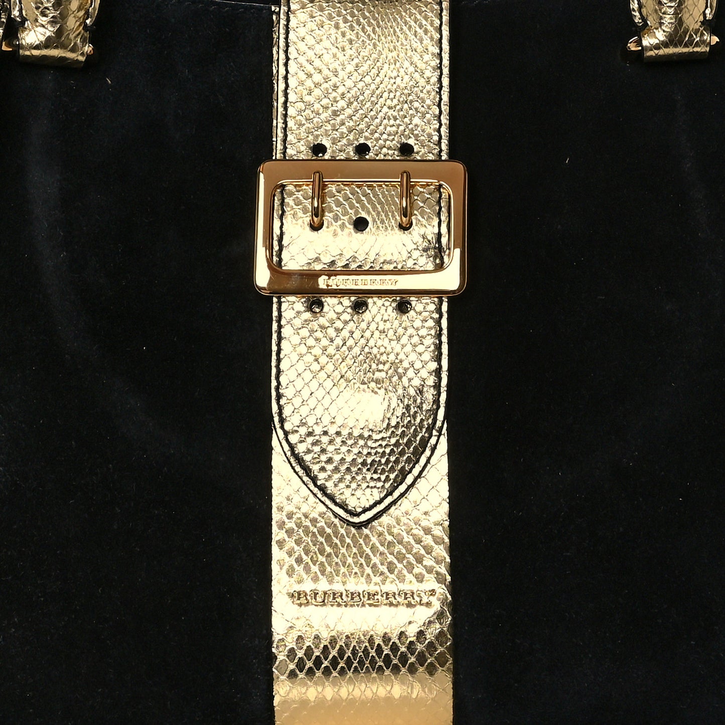 Suede Calfskin Watersnake Medium Buckle Tote Black Gold