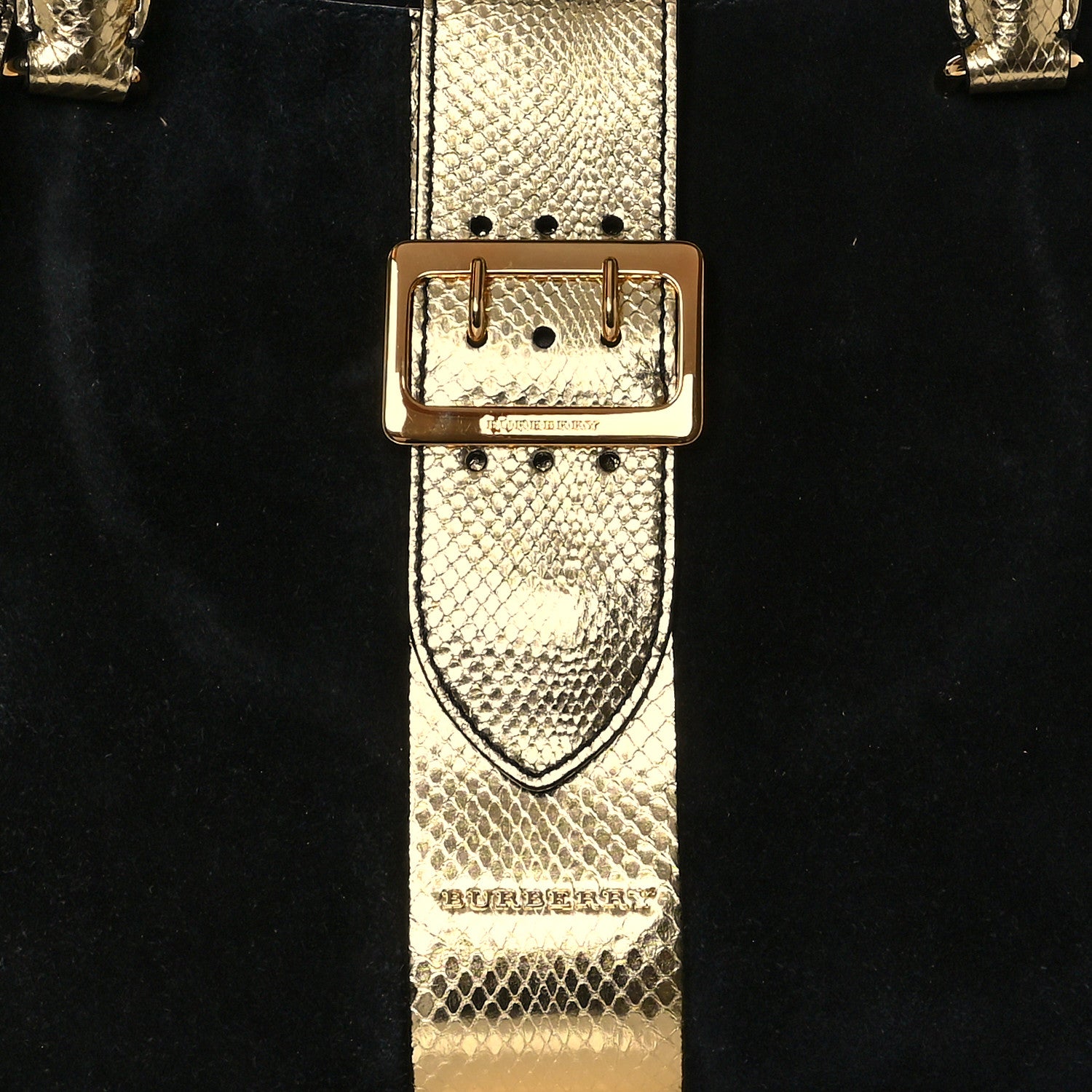 Burberry Suede Calfskin Watersnake Medium Buckle Tote Black Gold 8 of 10