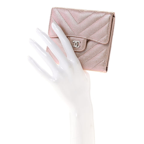 Metallic Caviar Chevron Quilted Compact Flap Wallet Light Gold