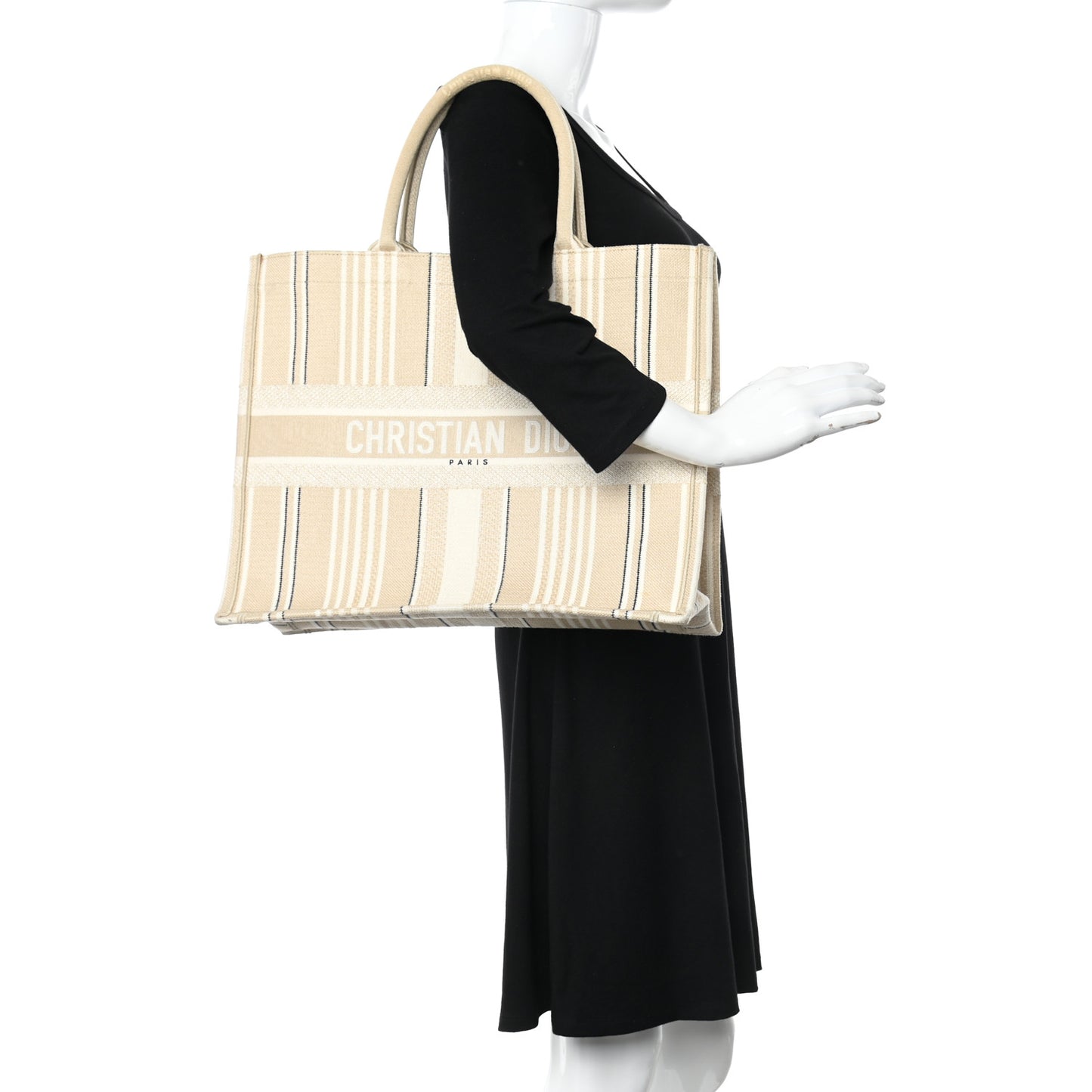 Canvas Embroidered Large Stripes Book Tote Beige